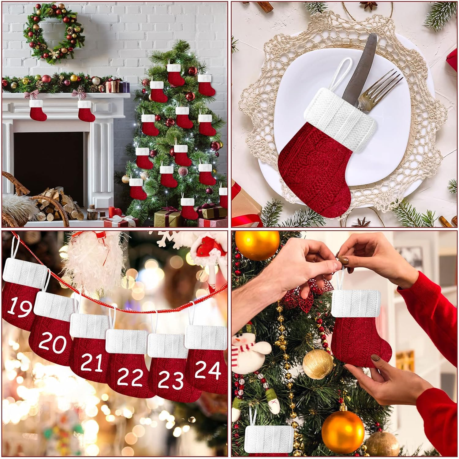 24 Pcs Christmas Mini Stockings Red Cable Xmas Rustic Stocking Mini Stockings Christmas Bulk Little Holiday Hanging Decorations Christmas Tree Ornaments for Fireplace Mantel Tree (Vintage Style) image number 5