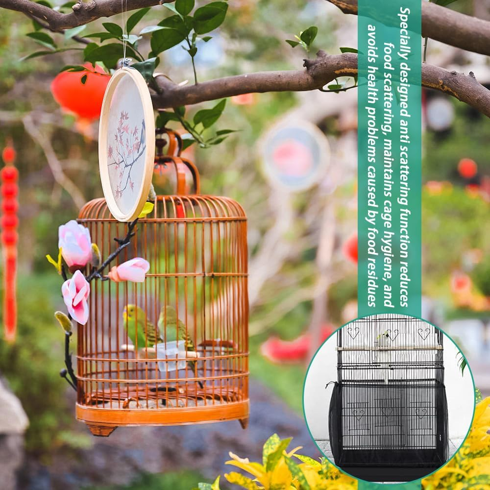 Large Bird Cage Net, Bird Cage Seed Catcher, Adjustable Bird Cage Cover, Soft Airy Mesh Net, Birdcage Skirt Guard for Parrot Parakeet Macaw round Square Cages, 59-87X16Inch, Black image number 2