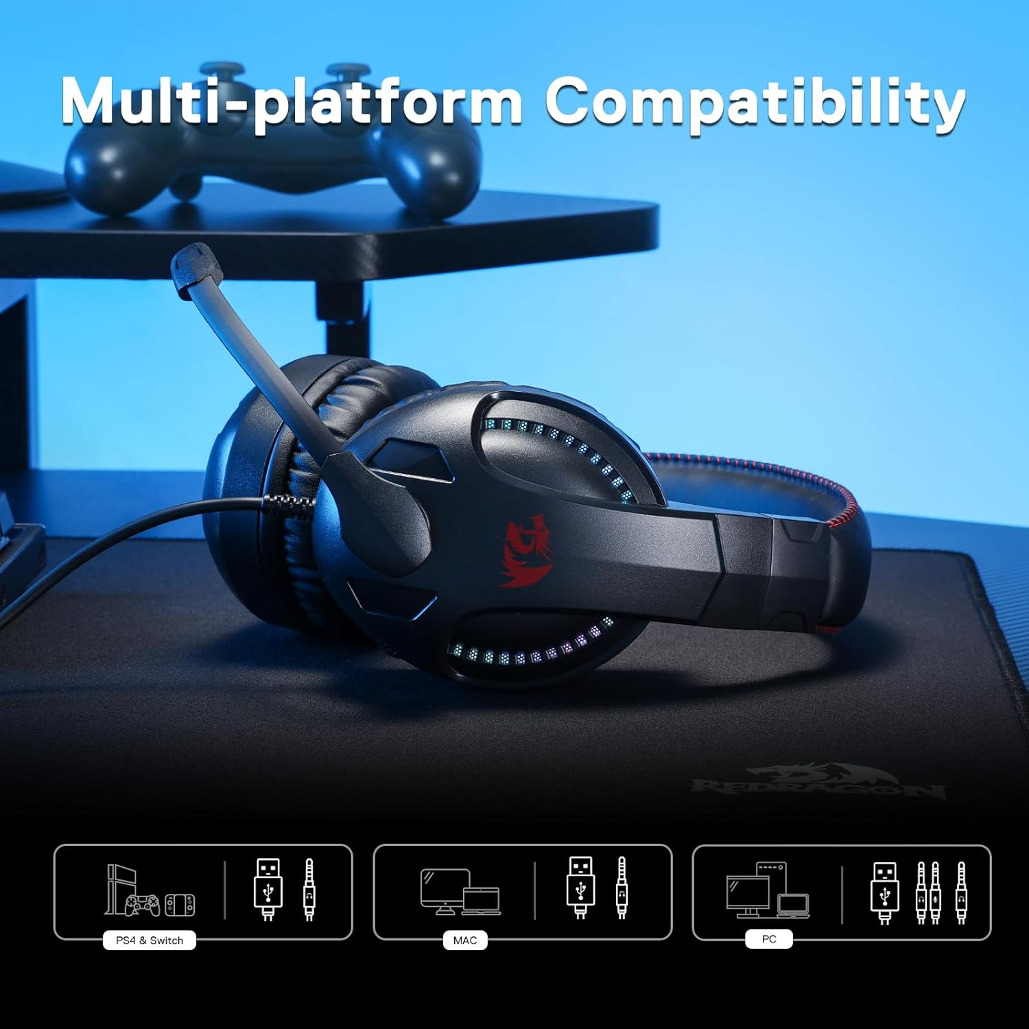 Redragon H211 RGB Wired Gaming Headset, 7.1 Surround Sound, Memory Foam Ear Pads, Lightweight Over-Ear Headset with Mic, Multi-Platforms Headphones, Works with PC, Xbox Series, NS - Black image number 6