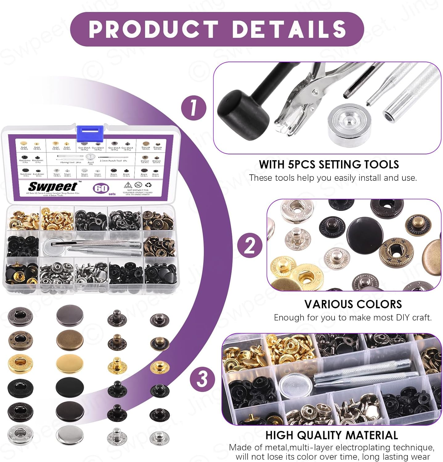 Swpeet 60 Sets 12.5Mm Leather Snap Fasteners and Hole Punch Pliers with 4Pcs Fixing Tools Assortment Kit, Leather Snaps Metal Snaps Metal Button Snaps Press Studs for Clothes, Jackets, Jeans image number 3
