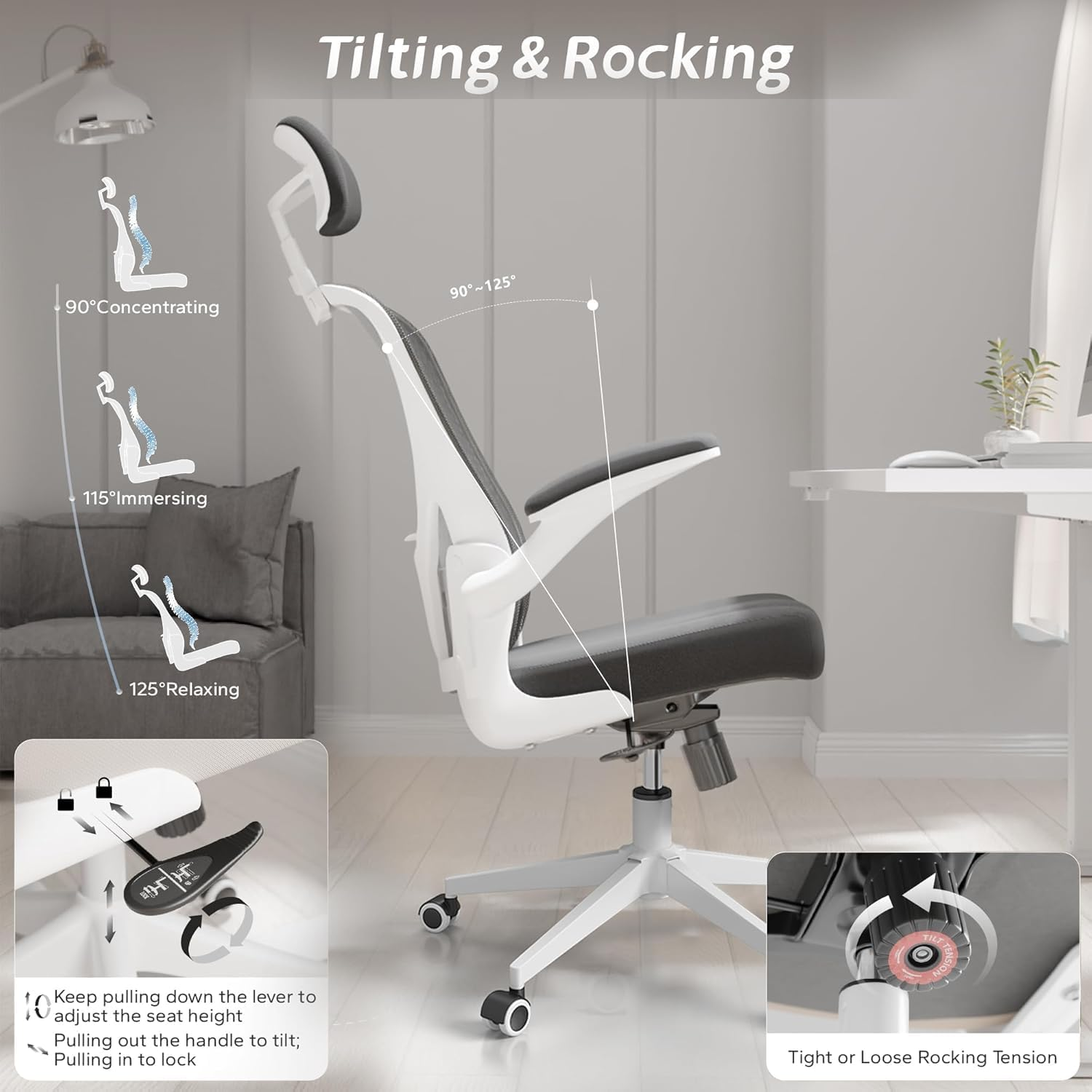 Computer Chair, Ergonomic Office Chair with Flip-Armrest & Cushion for Lumbar Support, Home Office Desk Chairs with Wheels, Adjustable Office Chairs for Study and Work (White Black) image number 5