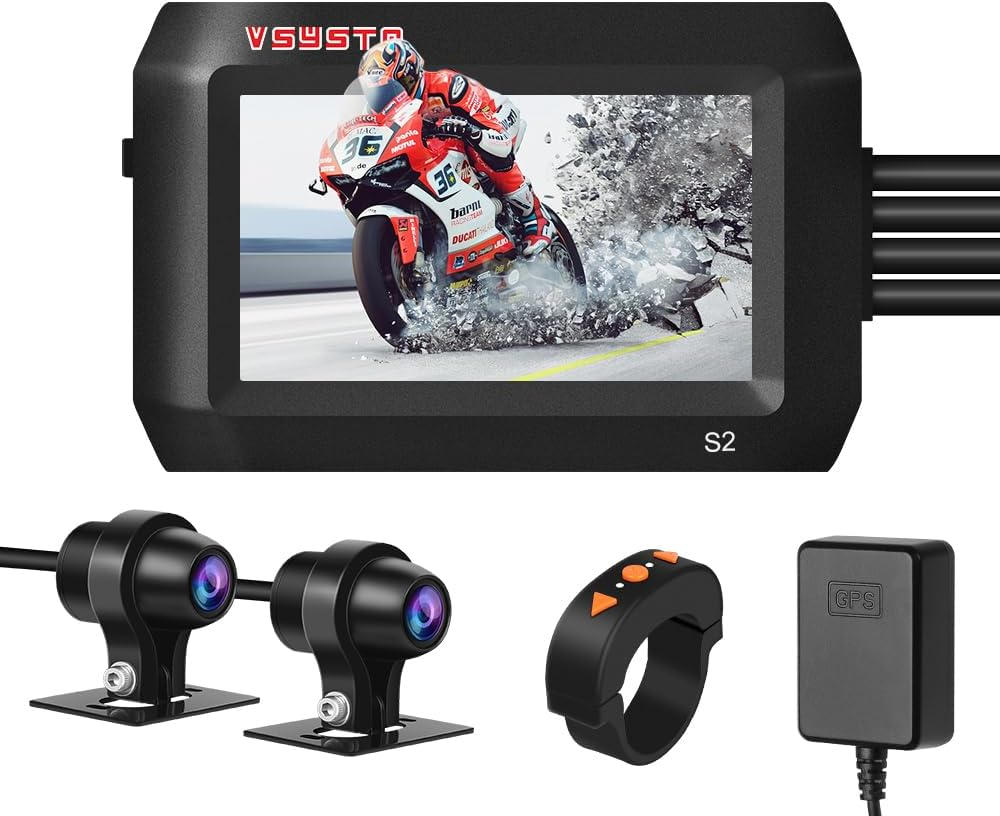 VSYSTO Motorcycle Dash Cam,All Waterproof,150 Degree Fish Eye,Motorbike Recording Camera Dvr,With 2'' Screen,Dual 1920X 1080P Front and Rear Camera Driving Recorder,Wdr,Rear Mirror Image