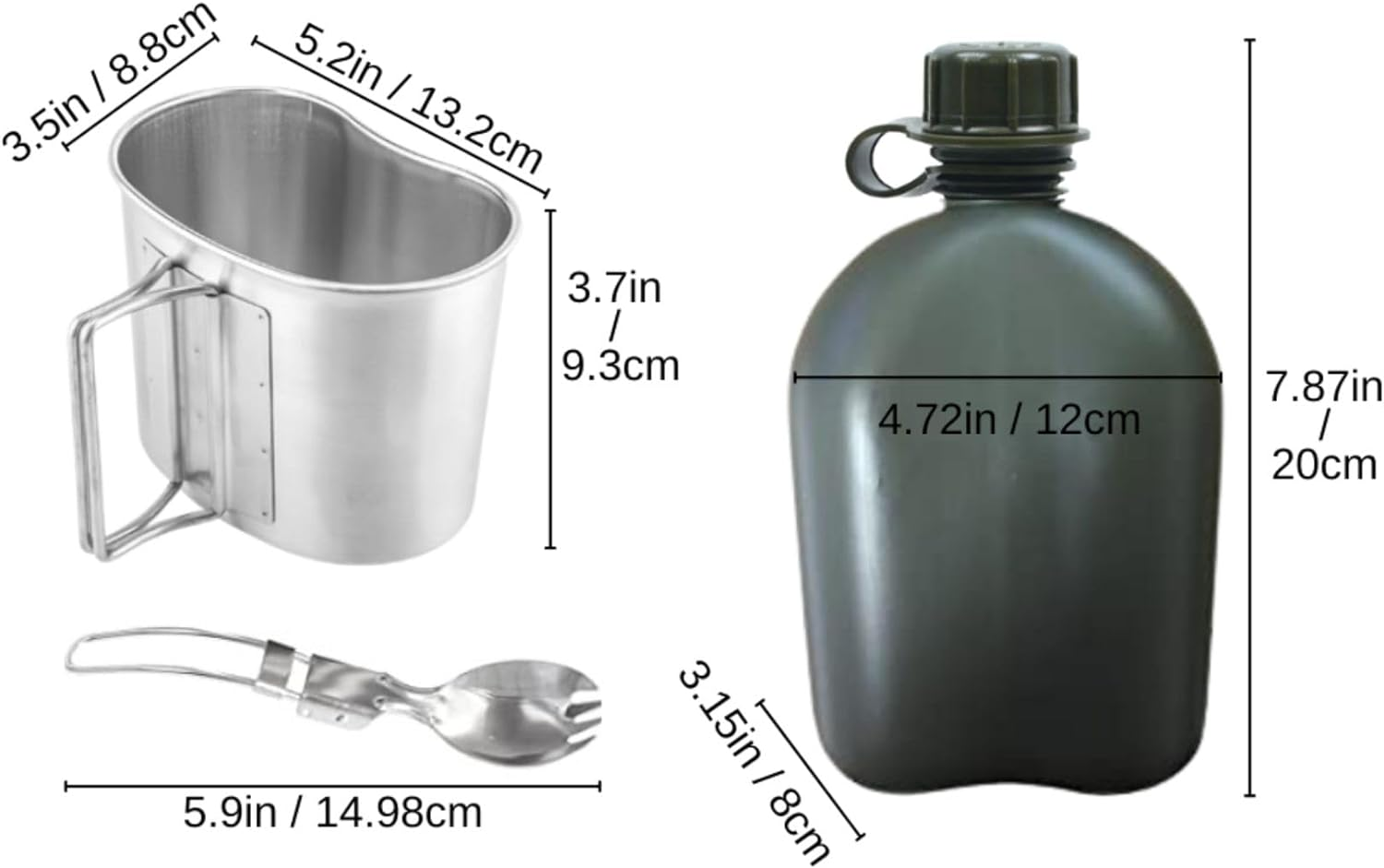 Begrit Military Canteen Army Canteen WWII Canteen Kit with Aluminum Cup Stainless Steel Foldable Spoon Fork for Hiking Backpacking Camping, 1 Quart - Green image number 1