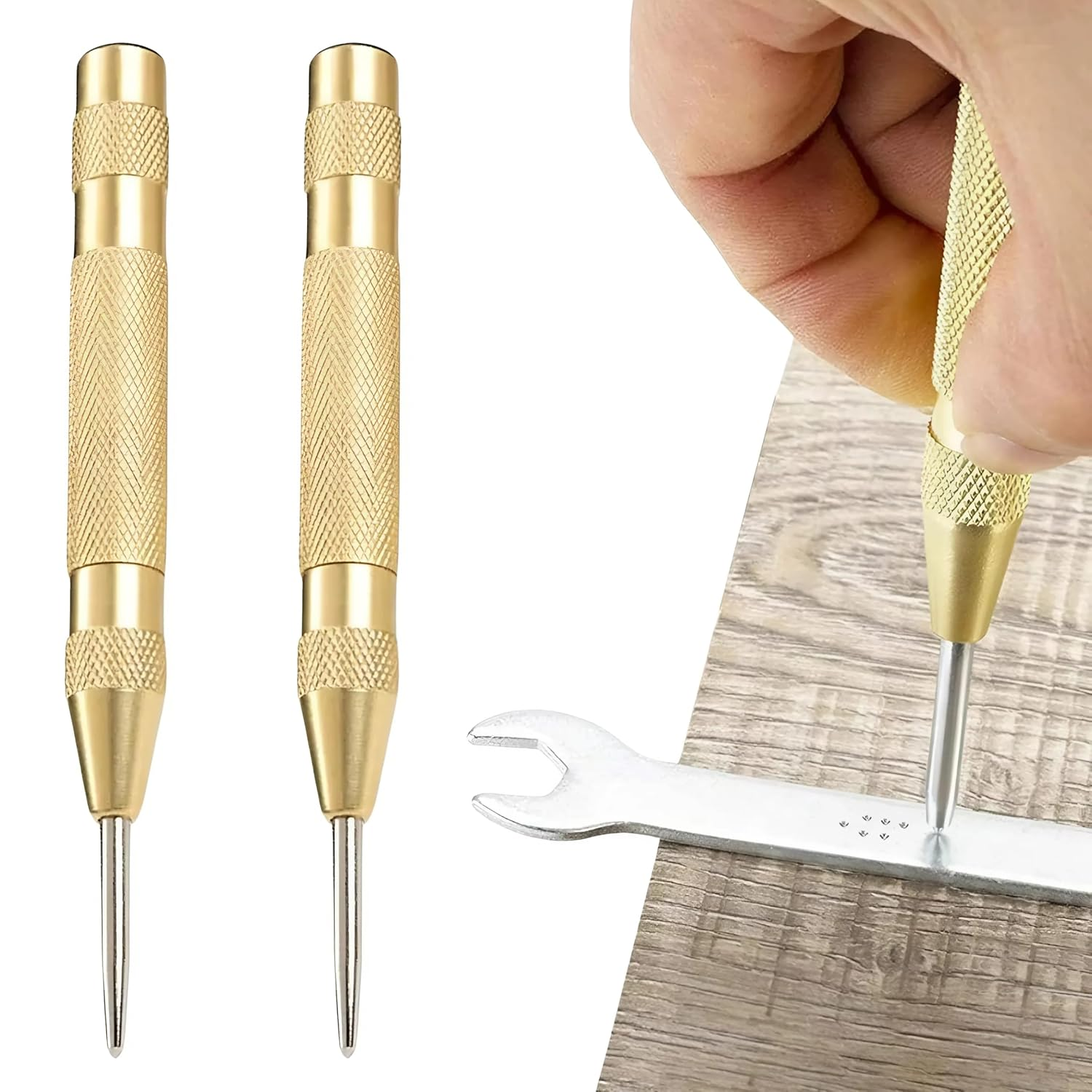 EZONEDEAL Automatic Center Punch - 5 Inch Brass Spring Loaded Center Hole Punch with Adjustable Tension, Hand Tool for Metal or Wood (2 Pack) image number 2