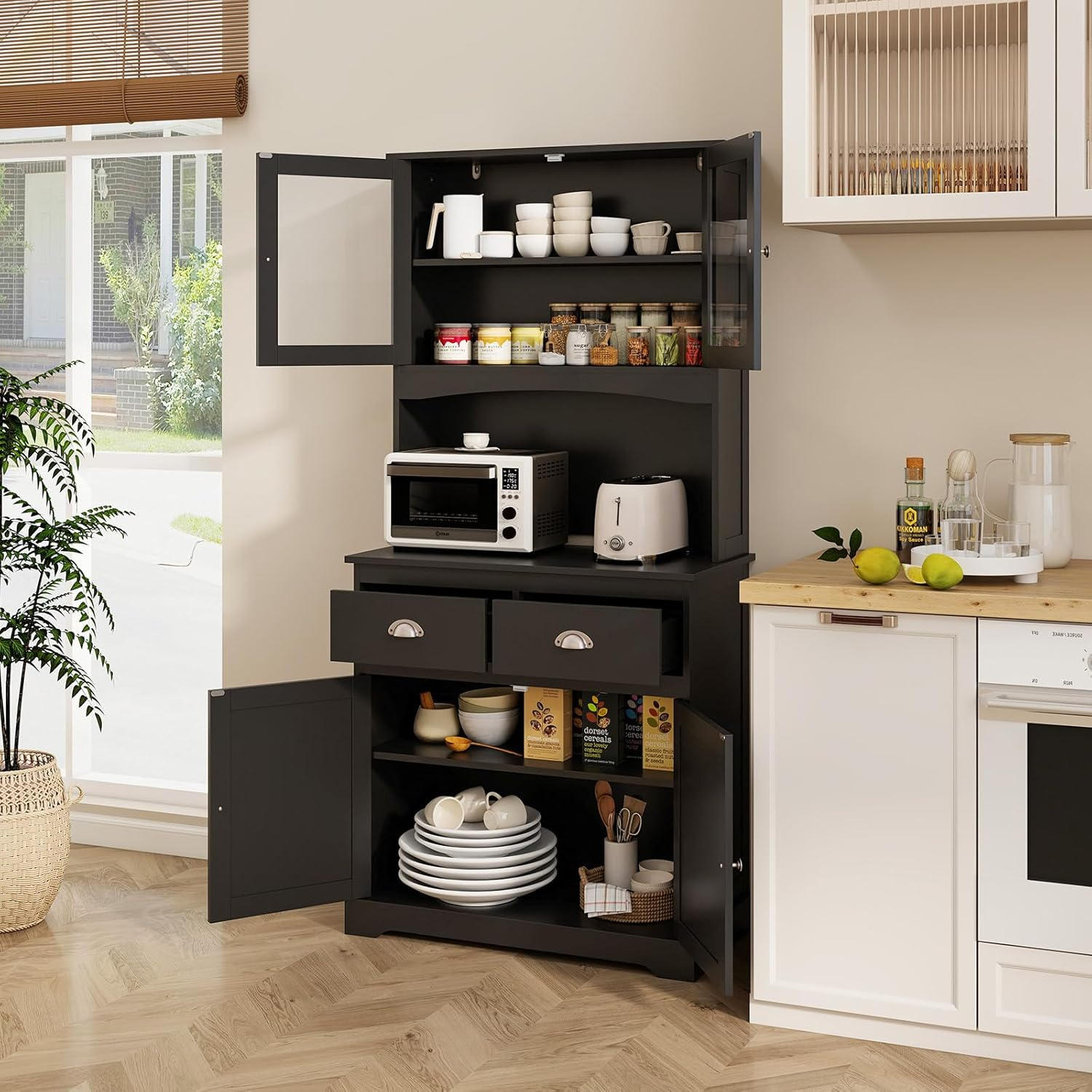 Giantex Kitchen Pantry Buffet Cabinet, Storage Organizer W/Tempered Glass Doors & Double Drawers, Cable Management Hole, Adjustable Shelves & Anti-Toppling System, Cupboard Kitchen Dining Room (Black)