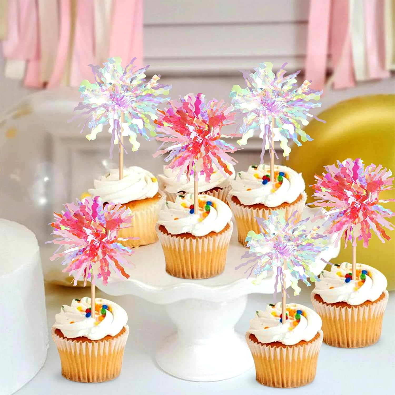 20 Pack Foil Firework Cupcake Toppers Party Birthday Cake Toppers Supplies Sparkle Tinsel Cocktail Fruit Toothpick for Birthday Wedding Graduation Party White+Pink image number 5