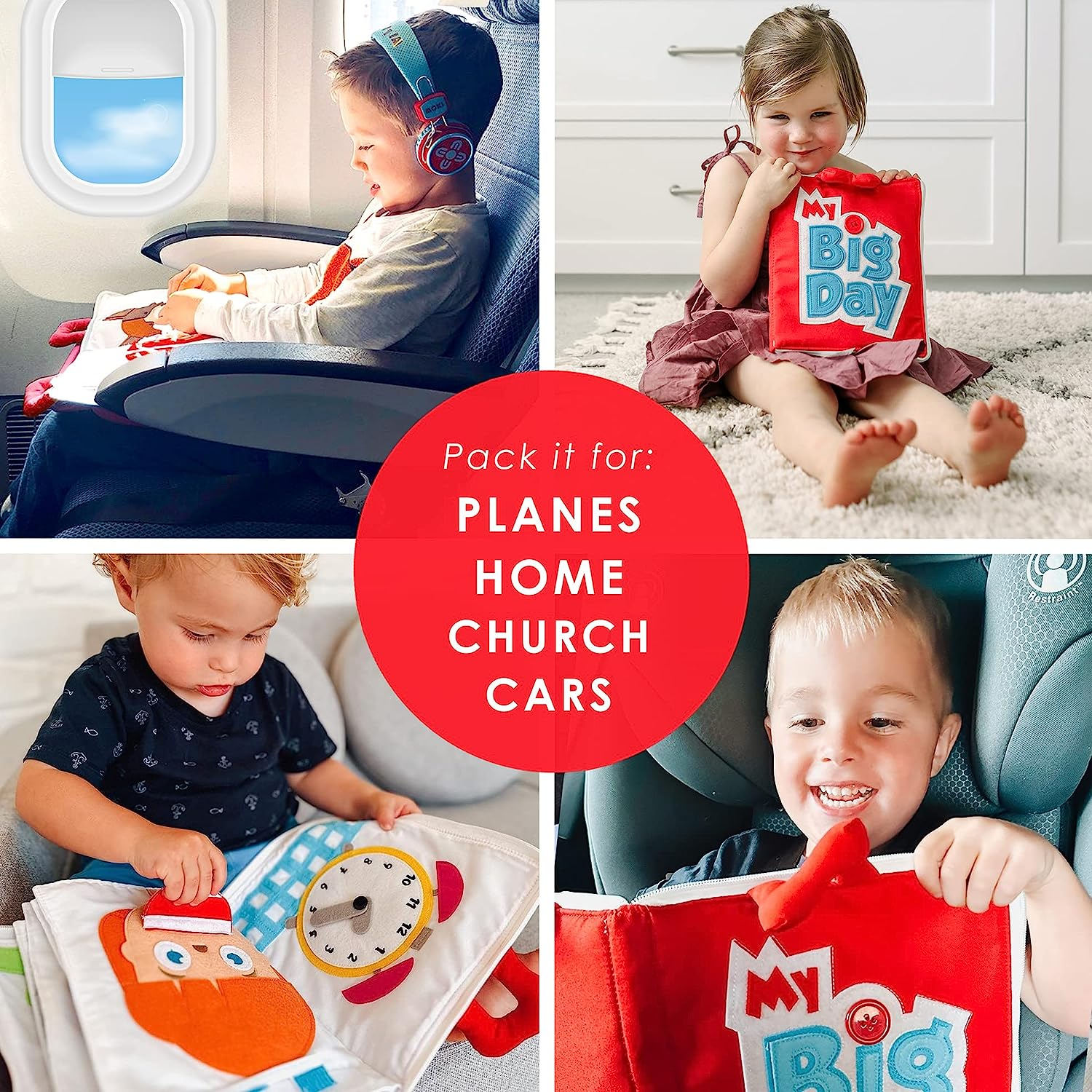 Curious Columbus Quiet Book. My Big Day Activity Busy Book &ndash; Montessori Toy for Toddlers, Educational Toy for Preschool and Early Learning, Toddler Airplane Travel Essentials. (Red)