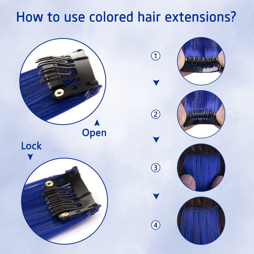 (Blue) - 50Cm Coloured Clip in Hair Extensions 10Pcs Straight Hair Synthetic Hairpieces for Party Highlight Blue image number 5