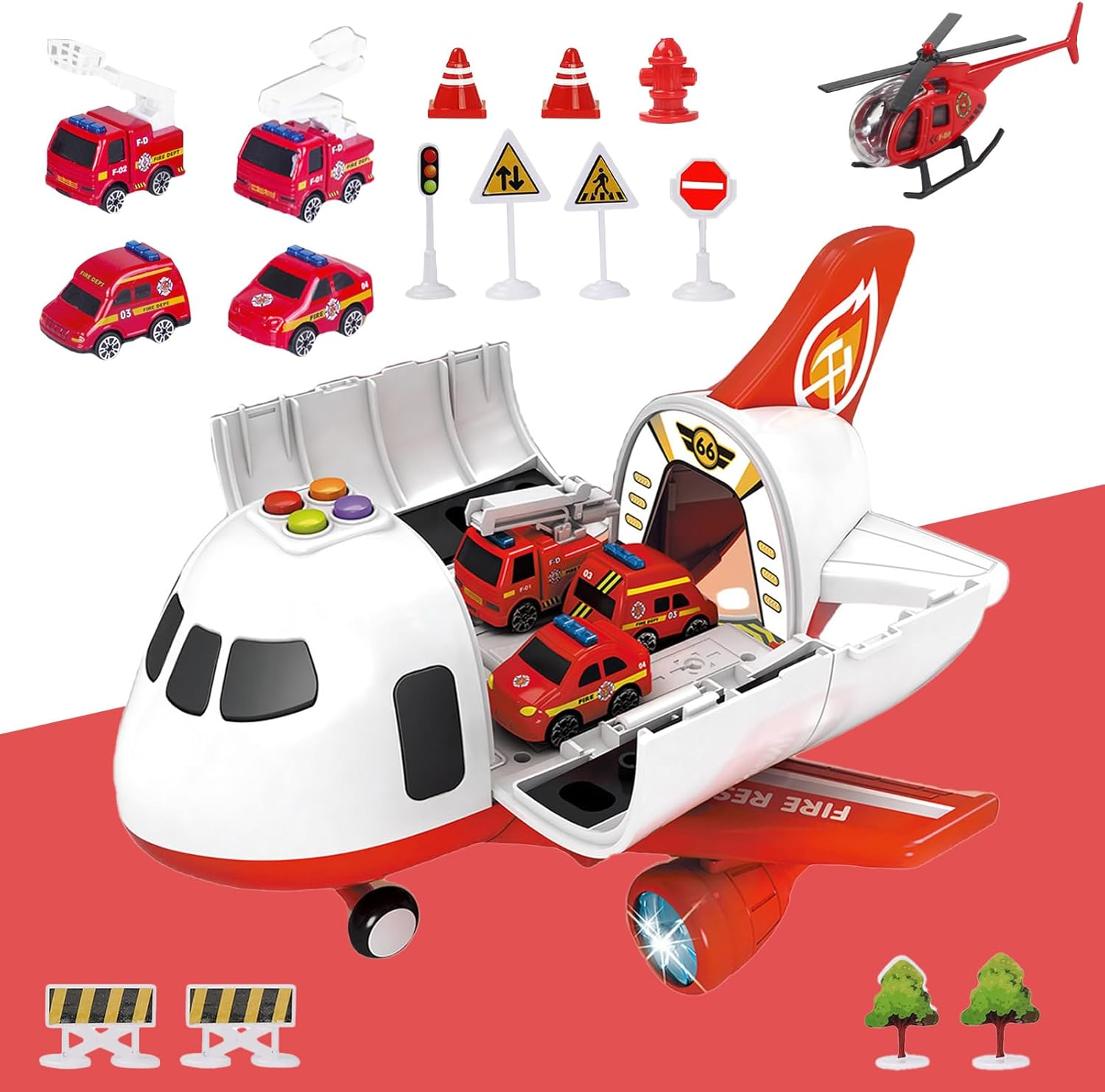 Airplane Toys with Fire Truck Cars Toy Set,Plane with Light up and Sounds image number 2
