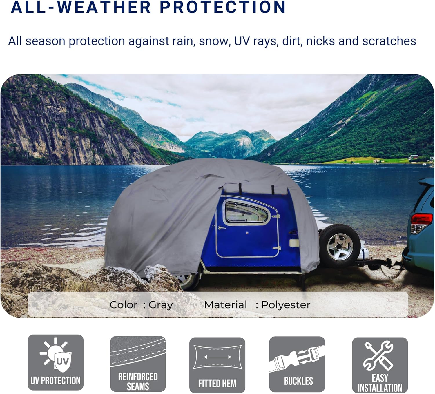 Eliteshield Premium Teardrop Trailer Camper Covers, Tear Resistant Teardrop RV Camper Cover with Access Panels, Fits 8'&ndash;10'L 5.5'W Gray Color image number 5