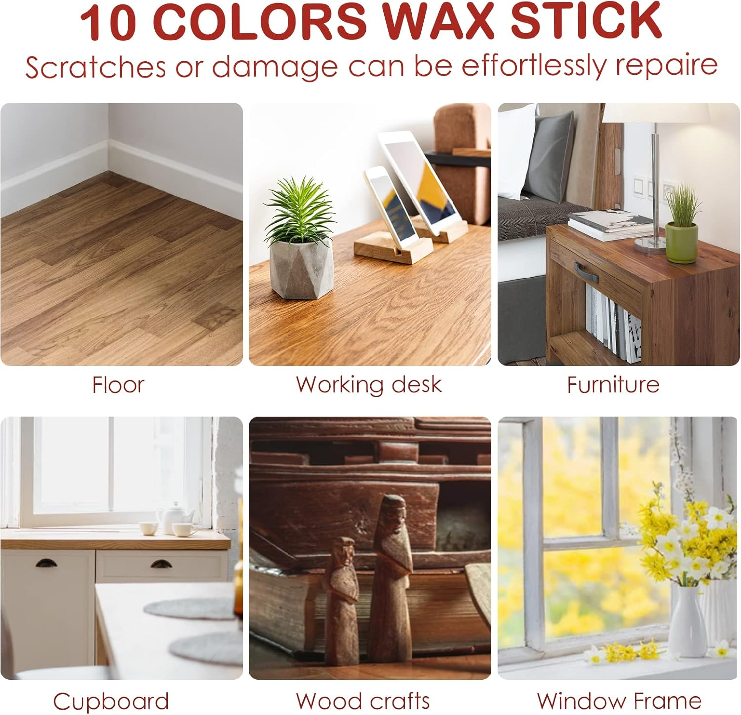 DEWEL Wood Filler Sticks, 10 Pcs Furniture Crayons for Scratches, Touch up Wax Sticks, Upgrade Furniture Repair Wax Crayons Kit for Scratches, Holes, Floor, Table, Laminate, Carpenters image number 6