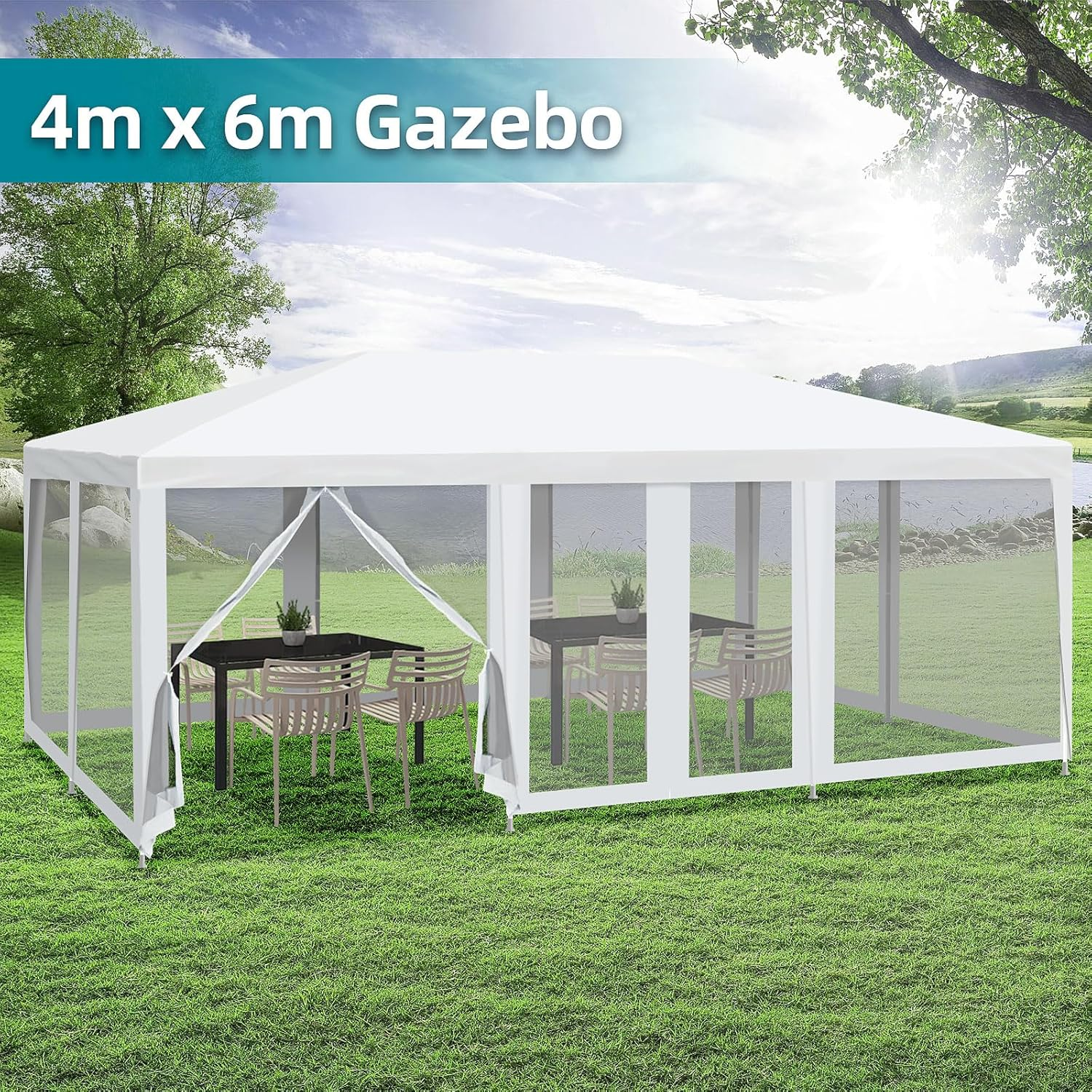 6X4M Marquee Gazebo, Camping Tent Wedding Gazebos Garden Shed 10 Mesh Sidewalls Outdoor Party Canopy Water Resistant and UV Patio Carport Car, White image number 4