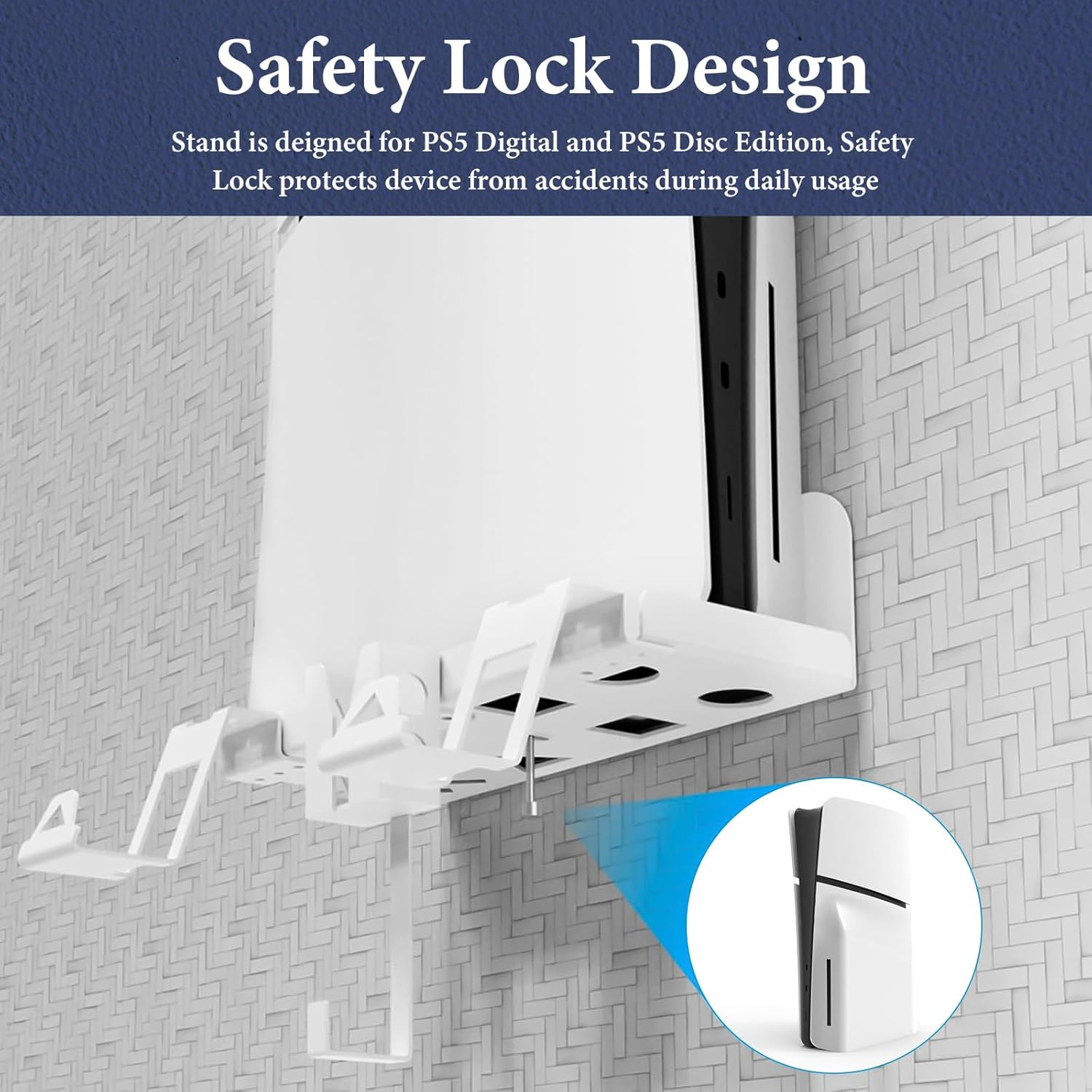 Geekria Wall Mount Kit Compatible with SONY Playstation 5 Slim Console, Disc & Digital Edition Metal Wall Hanging Stand, with 2-In-1 Magnetic Charging Cable, Headset Hanger