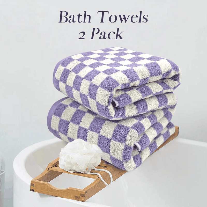 Jacquotha Shower Towels for Bathroom 27.5X55 Inches - Quick Dry Bath Towels Extra Large (2Pack), Cute Towels Checkered Bathroom Towels Set Lilac, 520GSM Absorbent Cotton Towels image number 4