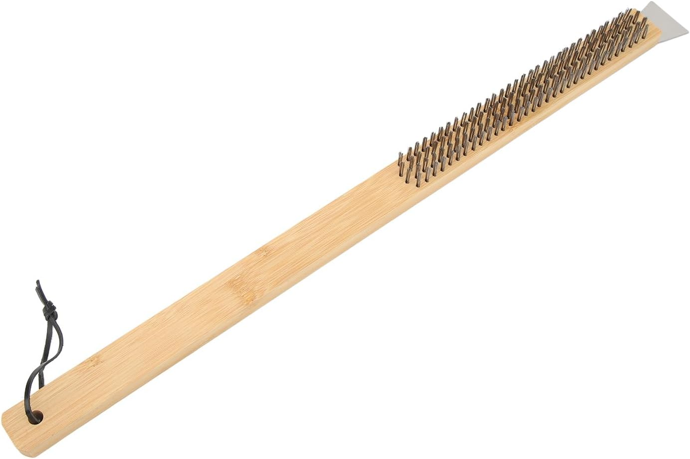 Pizza Oven Brush, 57.5Cm Non Scratch Heat Proof Stainless Steel Pizza Stone Cleaning Brush, Long Bamboo Handle Outdoor Pizza Oven Accessories with Scraper, Hanging Hole