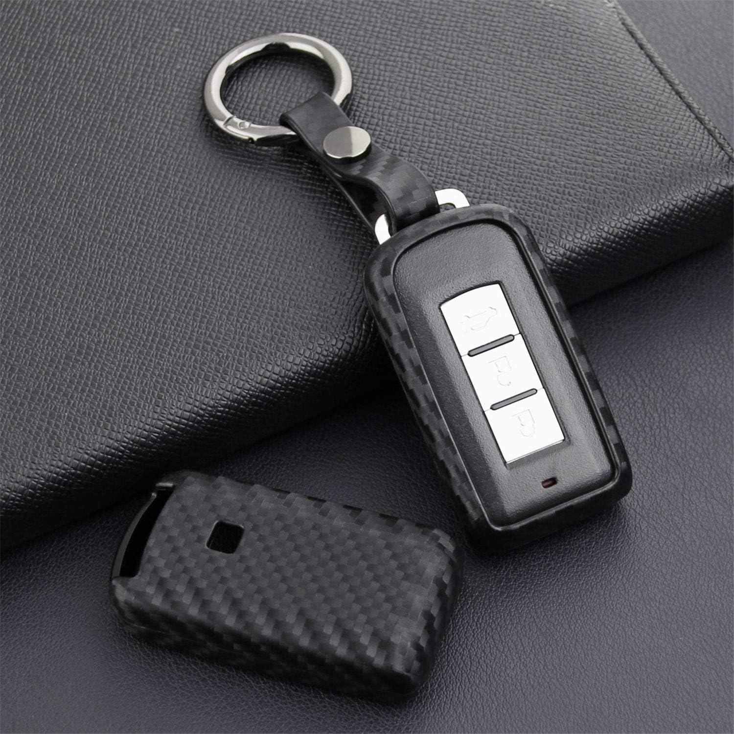 M.Jvisun Soft Silicone Rubber Carbon Fiber Texture Case Key Fob Cover for Mitsubishi ASX Eclipse Cross Fortis Galant Lancer EVO Evolution Mirage Outlander RVR Car Key Shell - Black - round Keychain image number 5