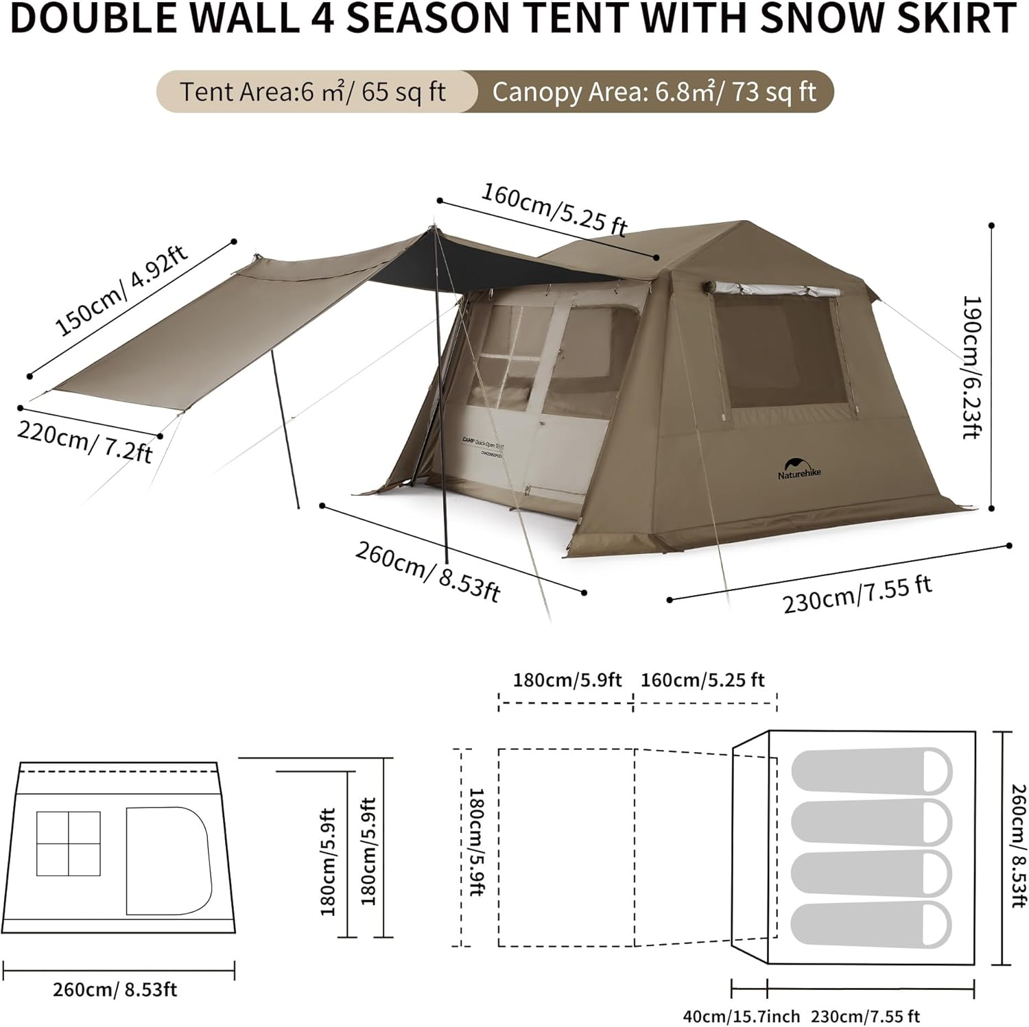 Naturehike Village Series Tent, Instant Pop up Family Tent, Upgraded Spacious Portable One-Piece Bracket Tent for 4-8Pinstant Easy Set up Camping Tent - Brown-6.0 image number 5