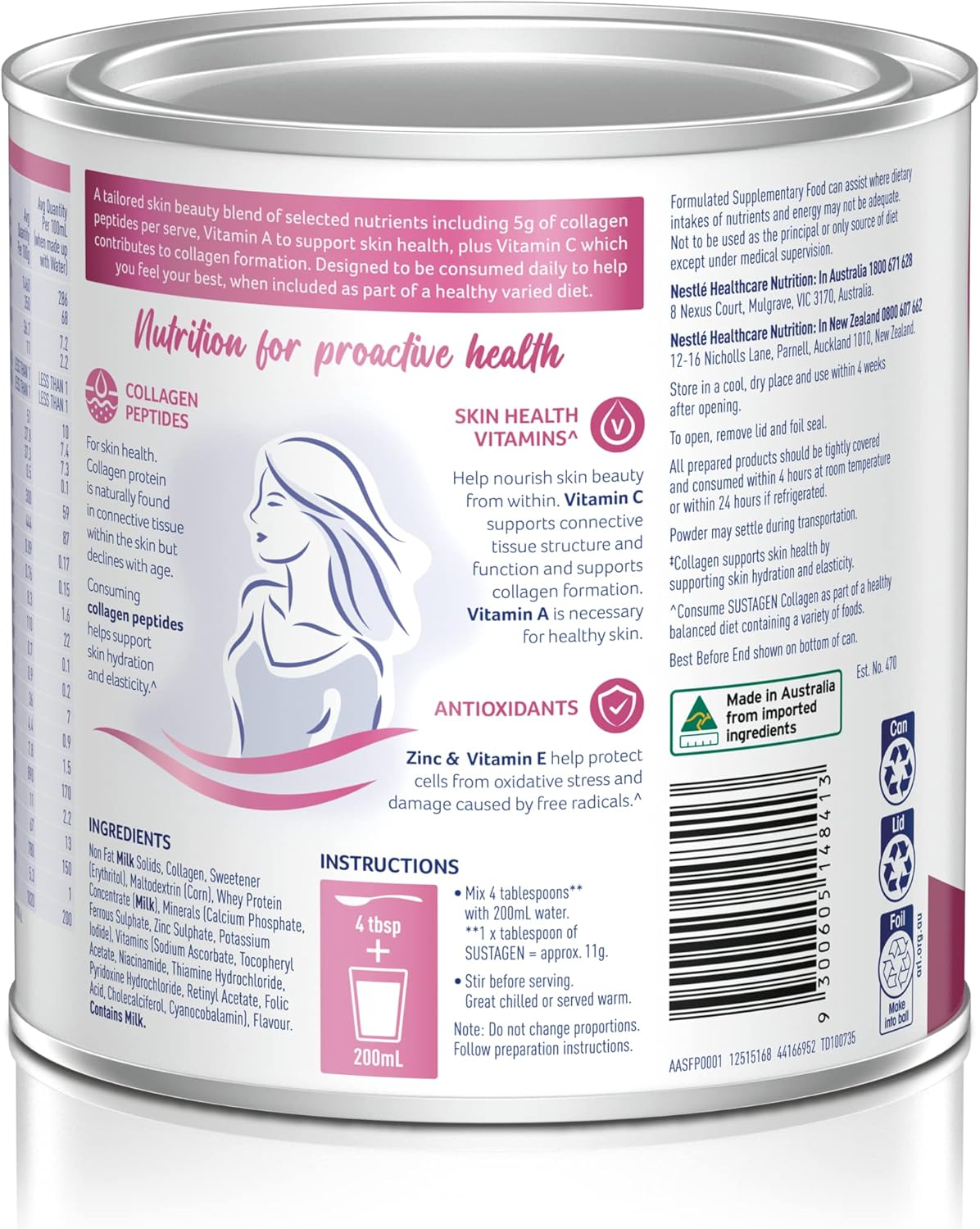 Sustagen Skin Health Nutrition Collagen Powder, Vanilla Flavour, 910G image number 1