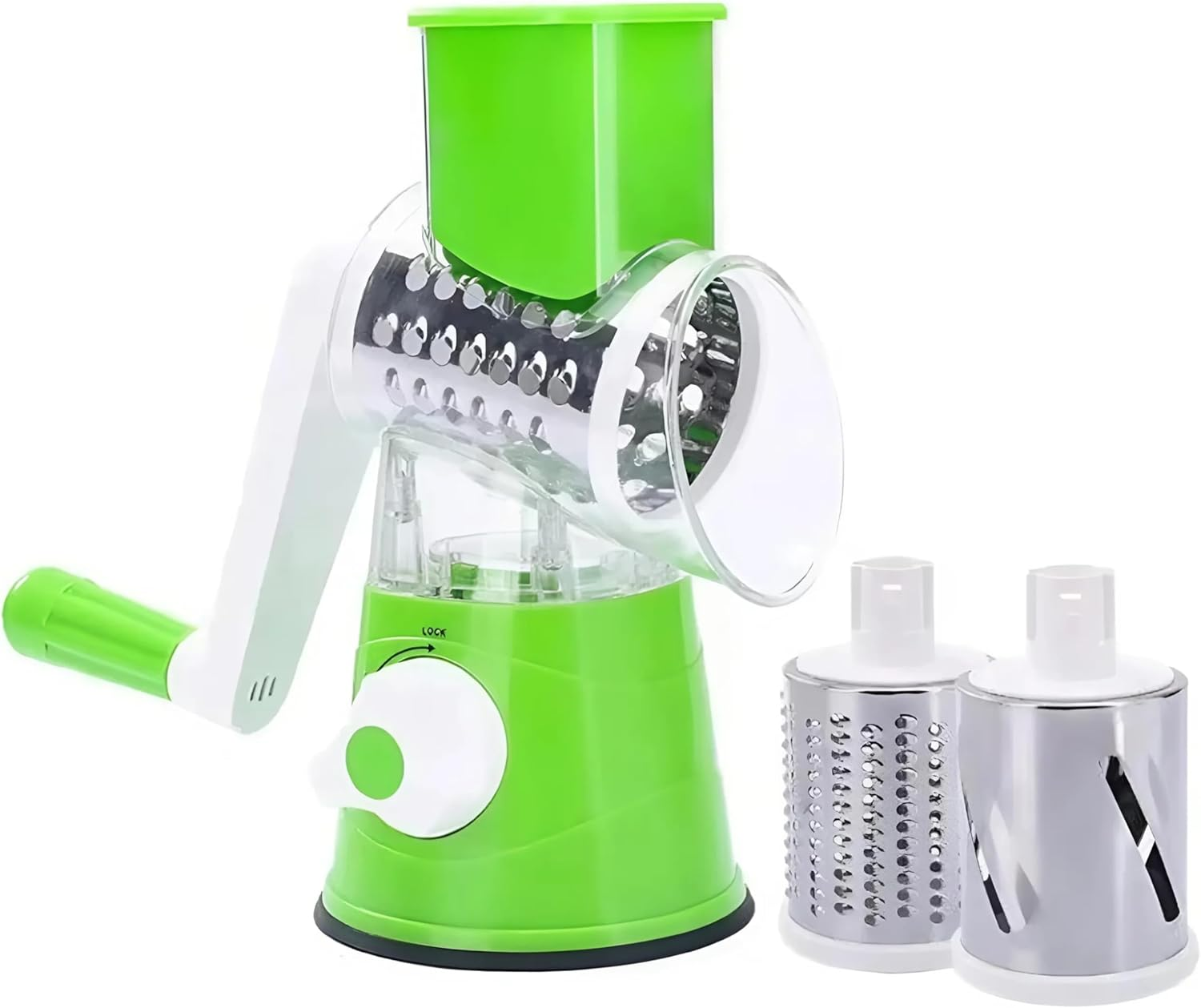 EZONEDEAL Multi-Functional 3 in 1 Vegetable Fruit Cutter Slicer Cheese Shredder, Speedy Rotary Drum Grater Slicer with 3 Stainless Steel Blade Hand-Pedal Chopper (Green) image number 1