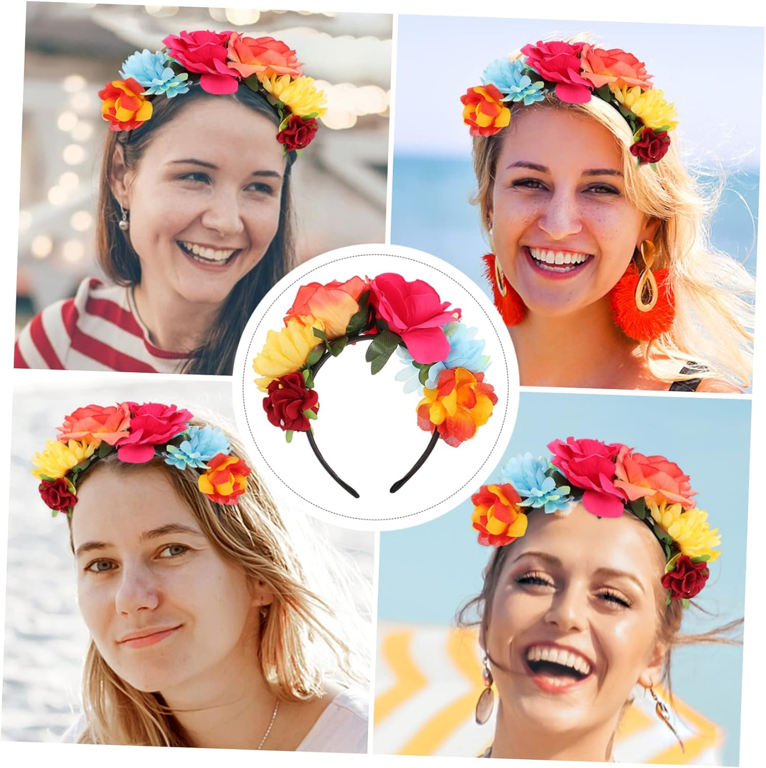 Attractive Hawaiian Rose Flower Headband, Wide Band Floral Hairband for Women, Party Decorative Hair Accessory Red and Orange Roses, Vacation Headdress for Warm Season Events image number 1