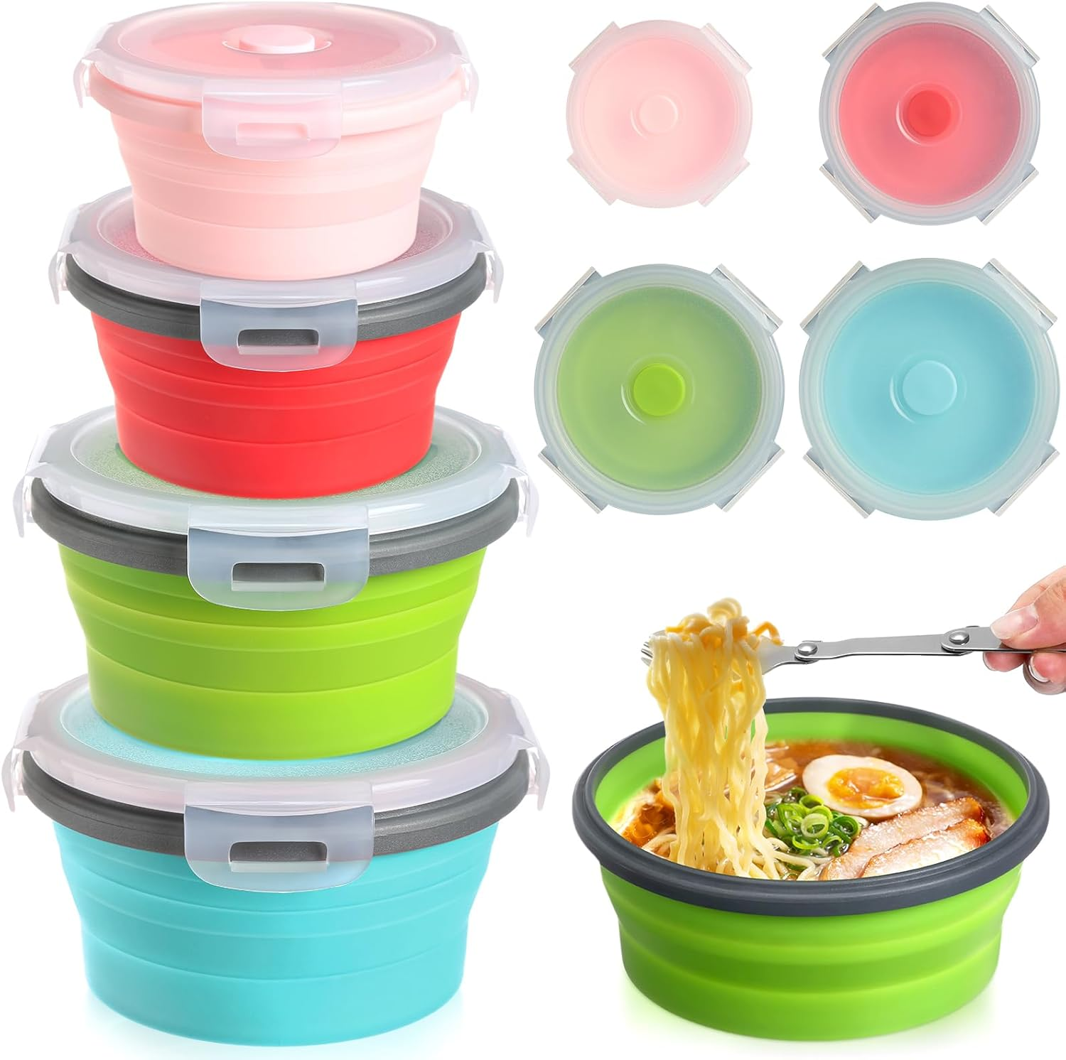 Suclain 4 Pcs Camping Bowl with Lid Collapsible Silicone Bowl Lunch Box Salad Bowl Expandable Food Storage Container Set Folding Travel Bowl for Hiking Heat (Red, Pink, Blue, Green,17, 12, 41, 27 Oz) image number 2