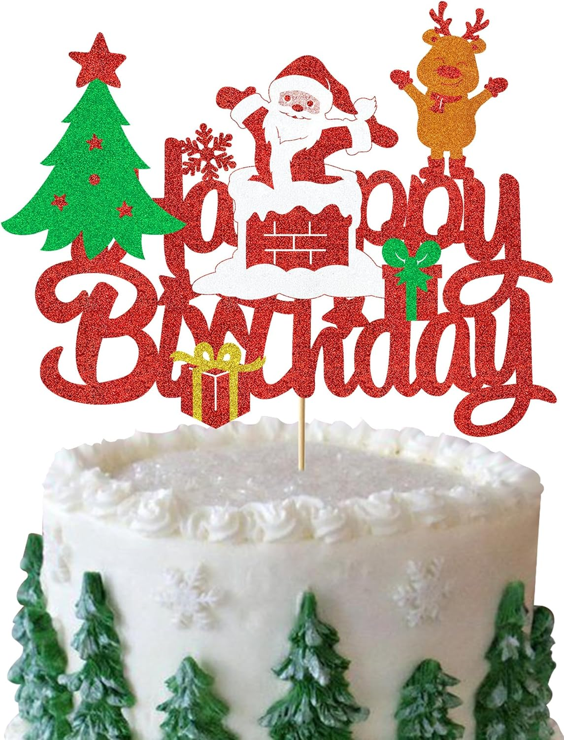 Santa Clause Birthday Cake Topper - Glitter Red Reindeer Winter Christmas Party Decoration Supplies image number 3
