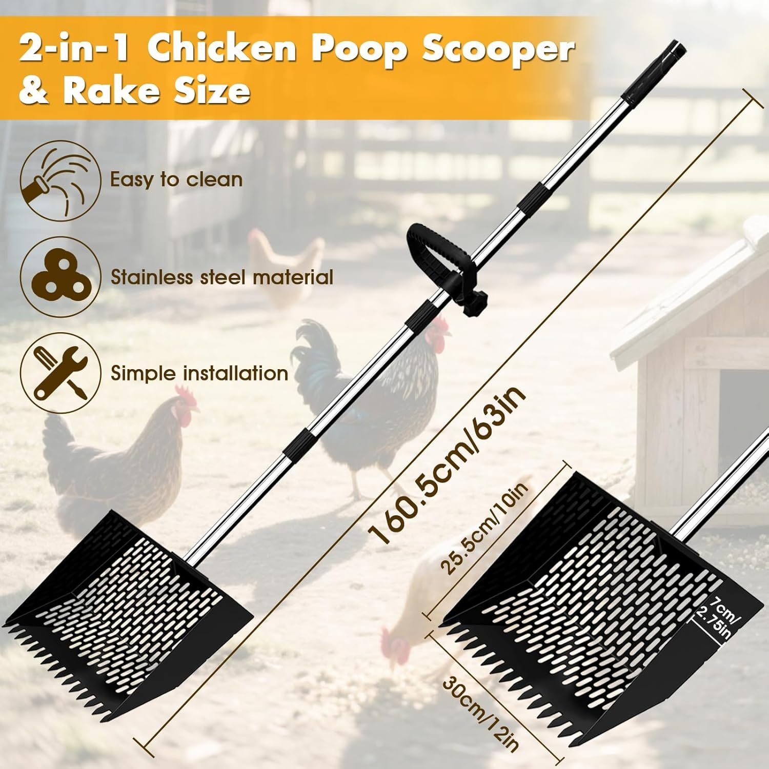 2-In-1 Chicken Poop Scooper & Rake, 10" Wide 63" Long Large Metal Chicken Coop Scooper for Sand with Ergonomic Grip, Heavy Duty Sifting Shovel Rake for Beach, Farm, Garden & Yard Waste (Black) image number 3