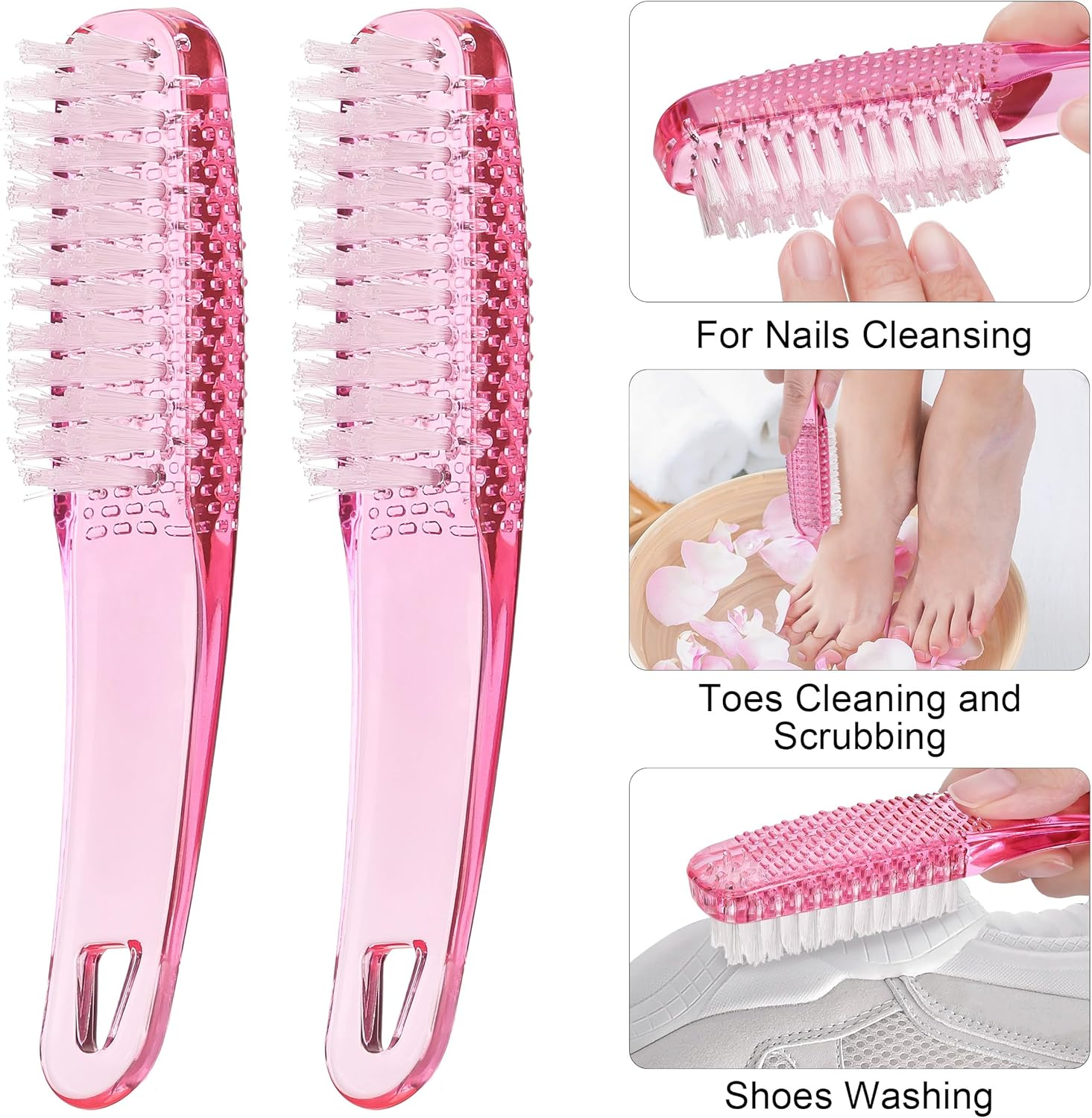 2 Pcs Handle Grip Nail Brushes for Cleaning, Long Handle Fingernail Cleaner, Hand Nail Toes Cleaning and Scrubbing Brushes, Pedicure Nail Scrubber Non-Slip for Men and Women, Hot Pink image number 2