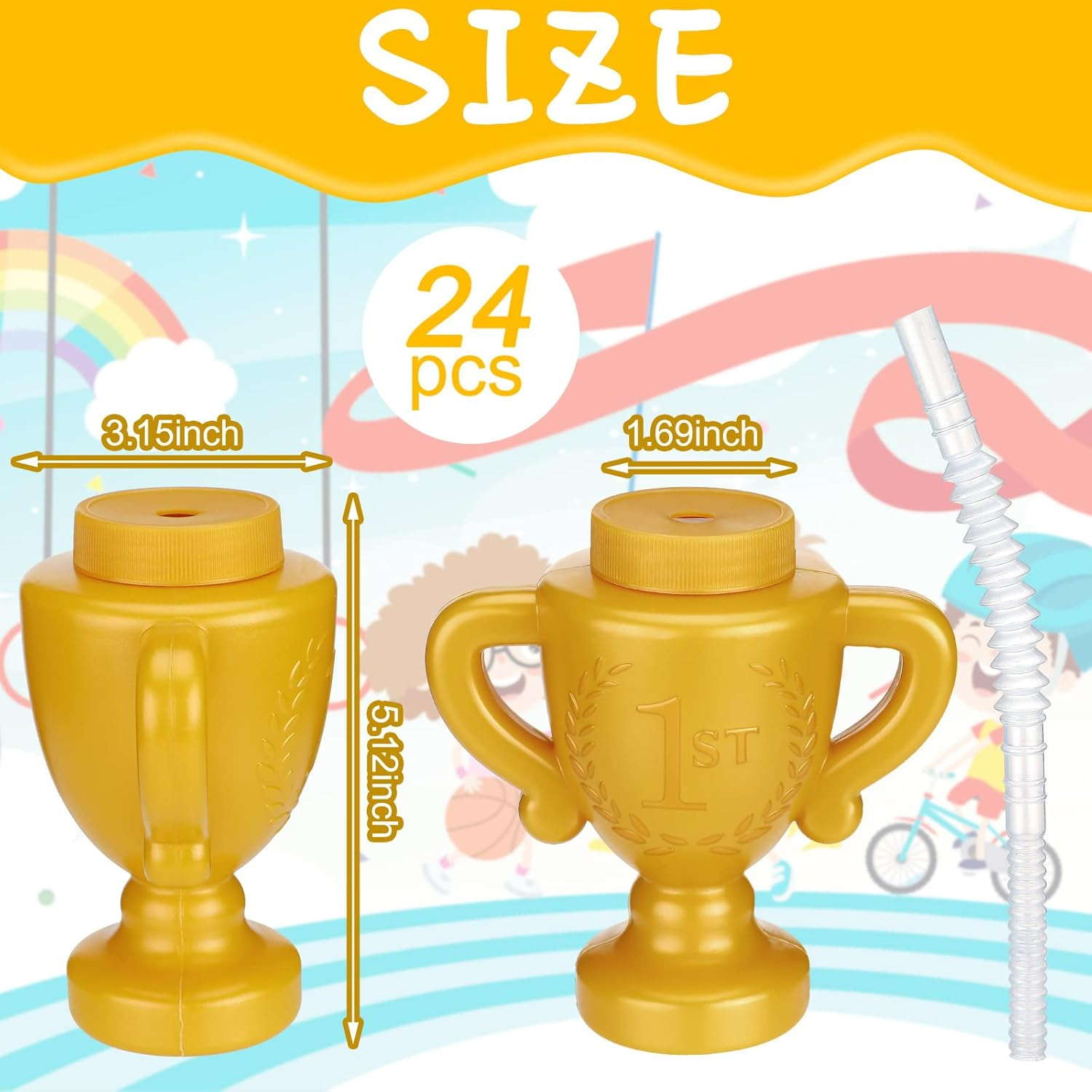 Meanplan 24 Pieces Race Car Trophy Cups with Straws Bulk for Kids 10 Oz Reusable Trophy Cups Golden Race Car Cups Creative Party Cups Bulk for Car Birthday Party Favors Decorations and Supplies image number 1