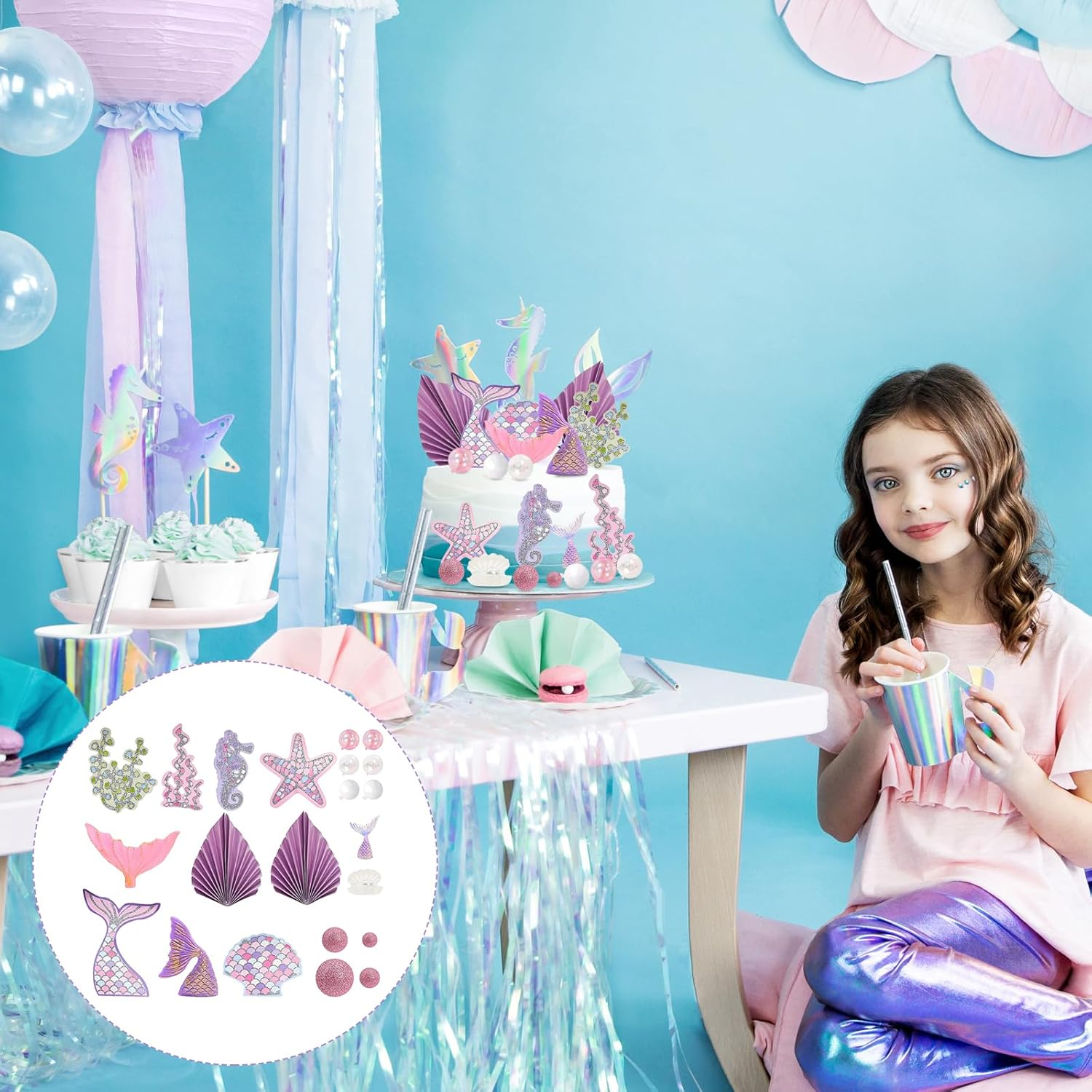 22 Pcs Mermaid Cake Topper, Mermaid Theme Cake Decorations Tail Starfish Seaweed Shell Seahorse Bubble Palm Leaf Cupcake Picks for under the Sea Theme Baby Shower Birthday Party image number 1