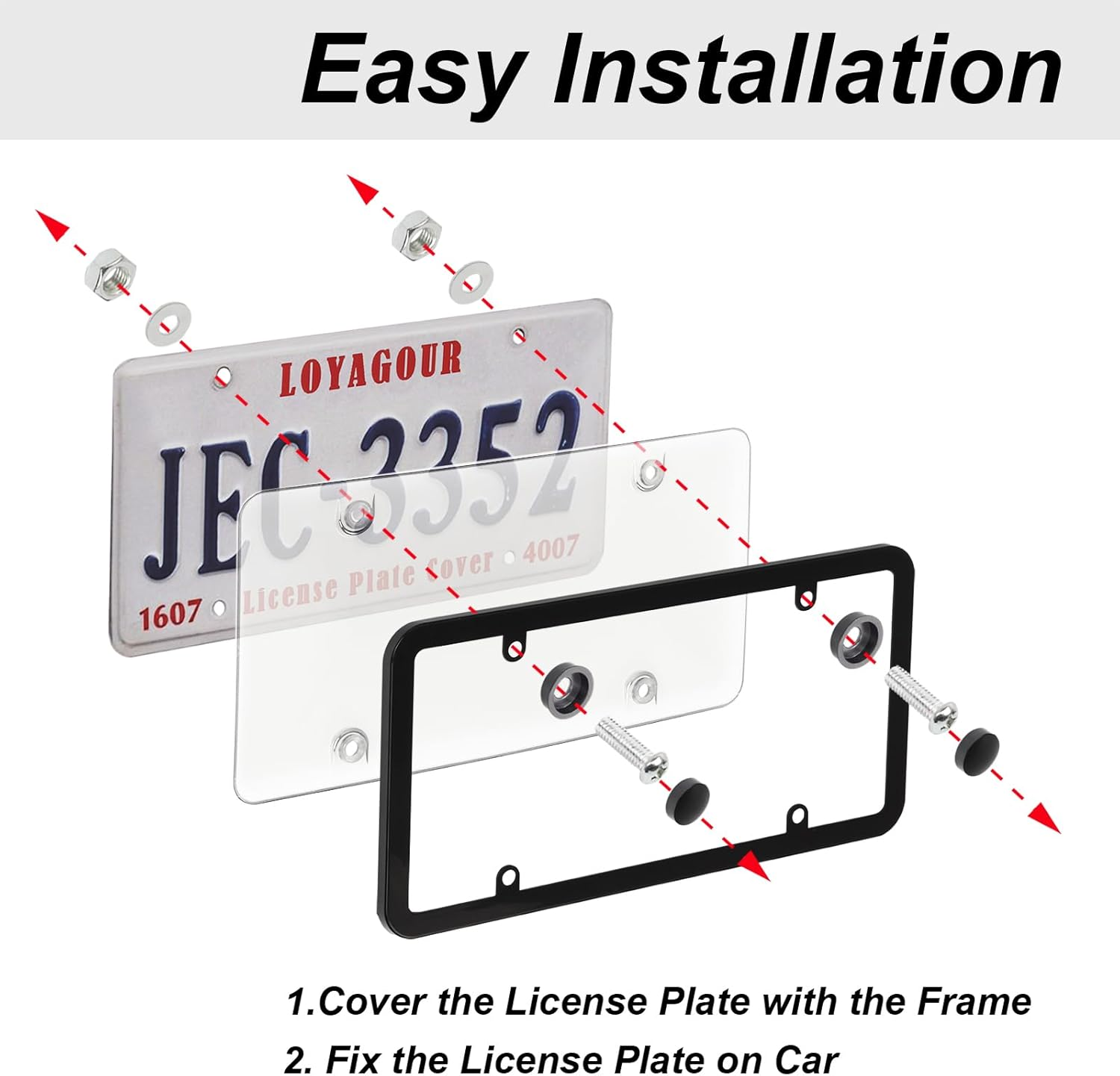 2Pack Transparent License Plate Cover and Frames,Clear Front and Rear License Plate Holder,Unbreakable Car Licence Plate Frame Protector Fits Any US Plates with Screws & Caps (Black Frame) - Black Frame With Clear Cover image number 6
