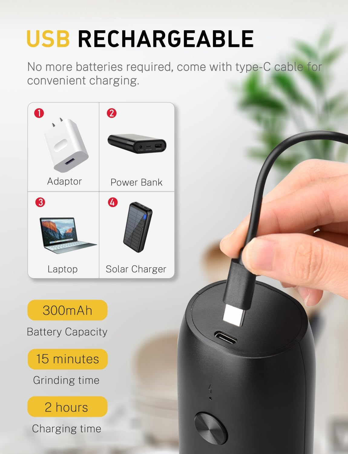 MERTTURM Rechargeable Electric Pepper Grinder, Automatic Pepper Salt Mill with LED White Light, One Hand Operation, Coarseness Adjustable, Refillable and Portable for Kitchen, Restaurant, Camping BBQ image number 2