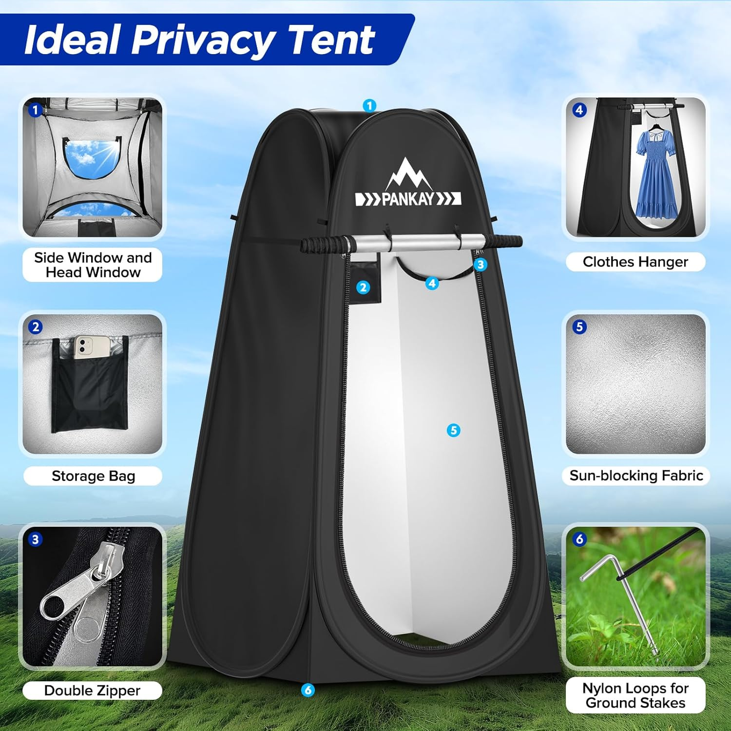 Pankay Camping Toilet with Pop up Privacy Tent, X Large Portable Toilet Potty for Adults, Outdoor Camping Shower Tents Changing Room, Instant Pop Up, Washable Foldable Camp Toilet Kit with Carry Bag