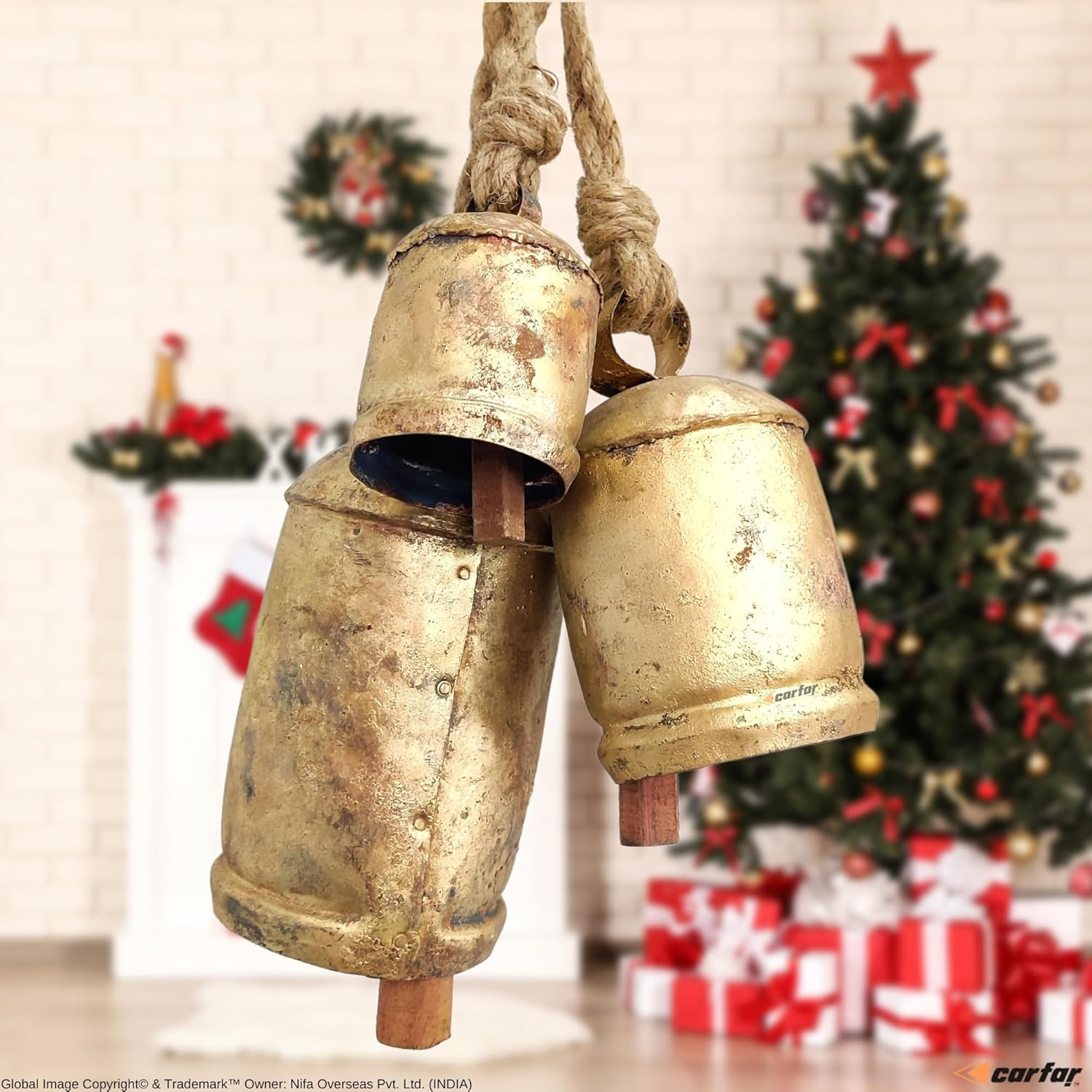 Handicrafts Vintage Rustic Metal Harmony Cow Bells Set of 3 Huge Rustic Christmas Handmade Bells on Jute Rope image number 5