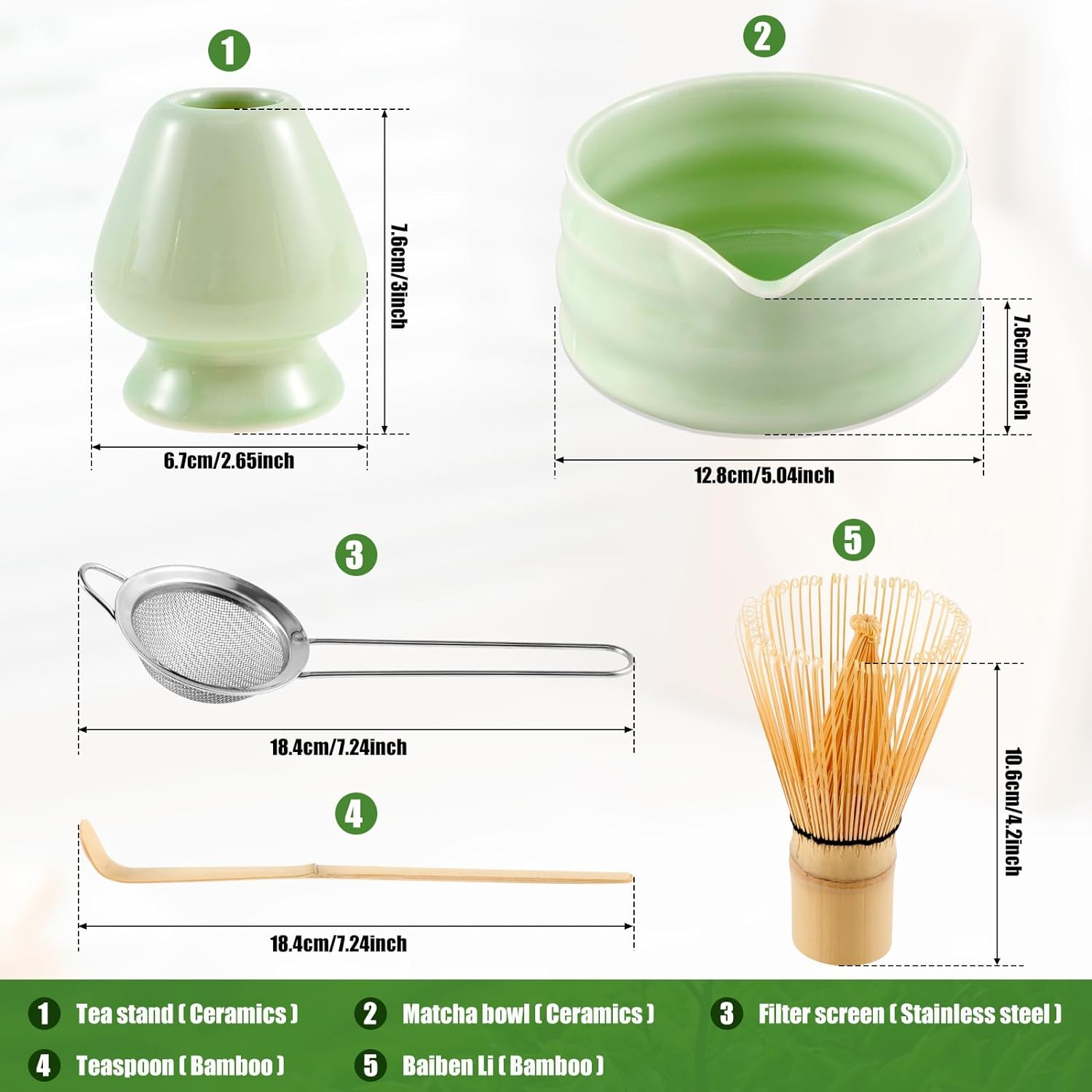 Handcrafted Bamboo Matcha Whisk Set, Ceramic Matcha Bowl with Pouring Spout and Stainless Sifter, Matcha Whisk Holder, Bamboo Scoop Exquisite Matcha Kit for Matcha Tea (Style-02) image number 5
