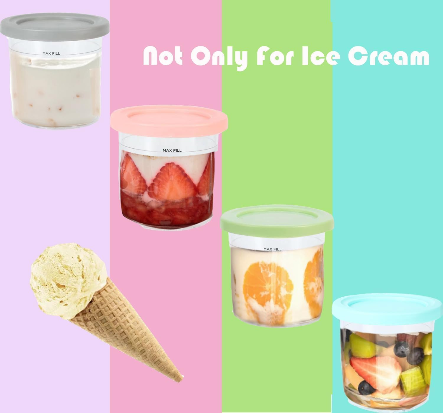 Containers Replacement for Ninja Creami Pints and Lids - 4 Pack 16Oz Cup, Ice Cream Containers, Compatible with NC301 NC300 NC299AMZ Series Ice Cream Maker, BPA Free, Leak Proof（With 5 Spoon） image number 6