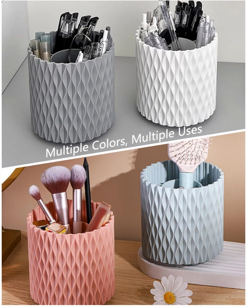 Rotating Pen Pencil Holder for Desk, 5 Slots Unique White Desk Pen Organizer Easthetic Desktop Supplies and Accessories for Women Girls, Pen Cup Pencil Caddy for Office Home Art Supply image number 1