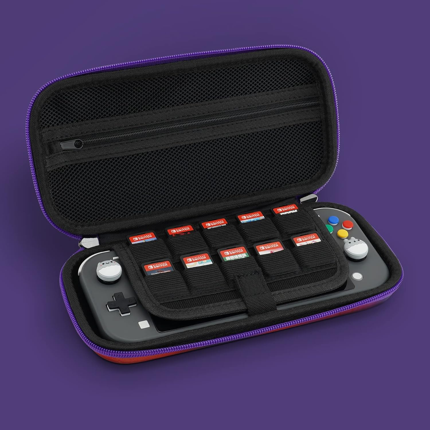 Playvital Carrying Case for Nintendo Switch Lite, Portable Pouch Storage Handbag Travel Bag Protective Hard Case for Switch Console W/Thumb Grip Caps & 10 Game Card Slots - Purple Red Swirl - Purple Red Swirl image number 5