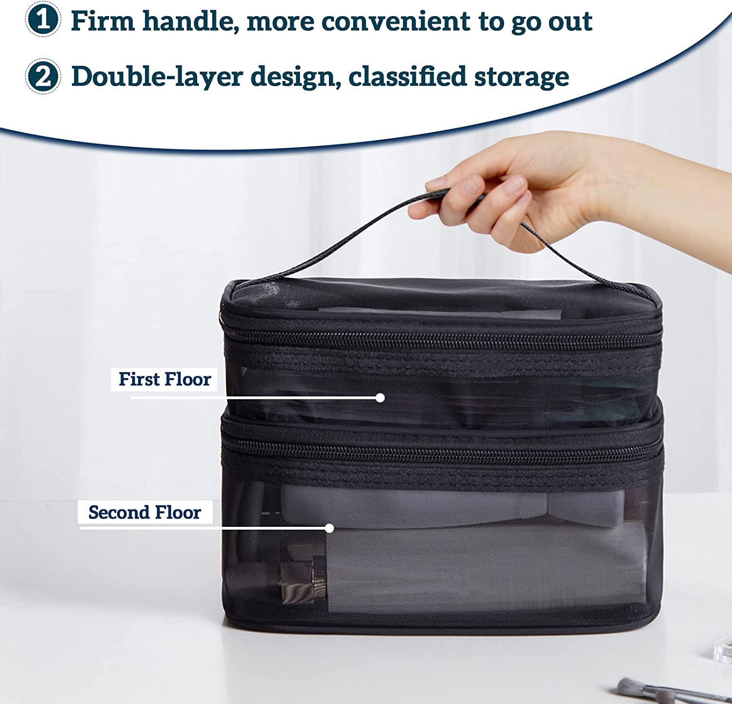 Double Layer Makeup Bag, Large Mesh Travel Cosmetic Pouch with Double Zipper, Vertical Make up Bag, Multifunctional Toiletry Bag for Makeup Brushes (Black) image number 2