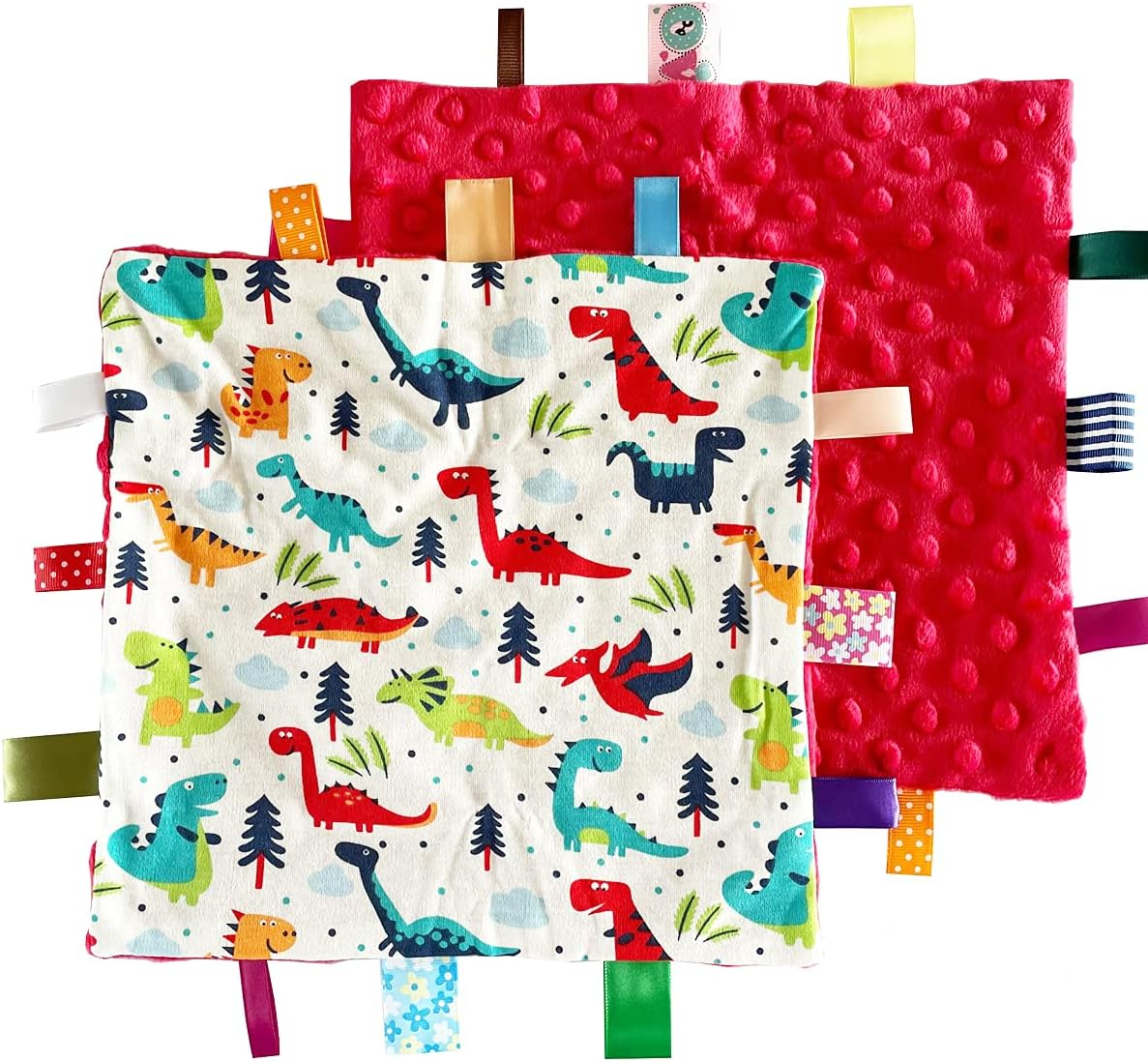 1 PC Red Dinosaur Baby Tag Blanket, Cute Label Blanket, Small Tags Security Blanket for Kids Toddlers Gift(9.84X9.84Inch)