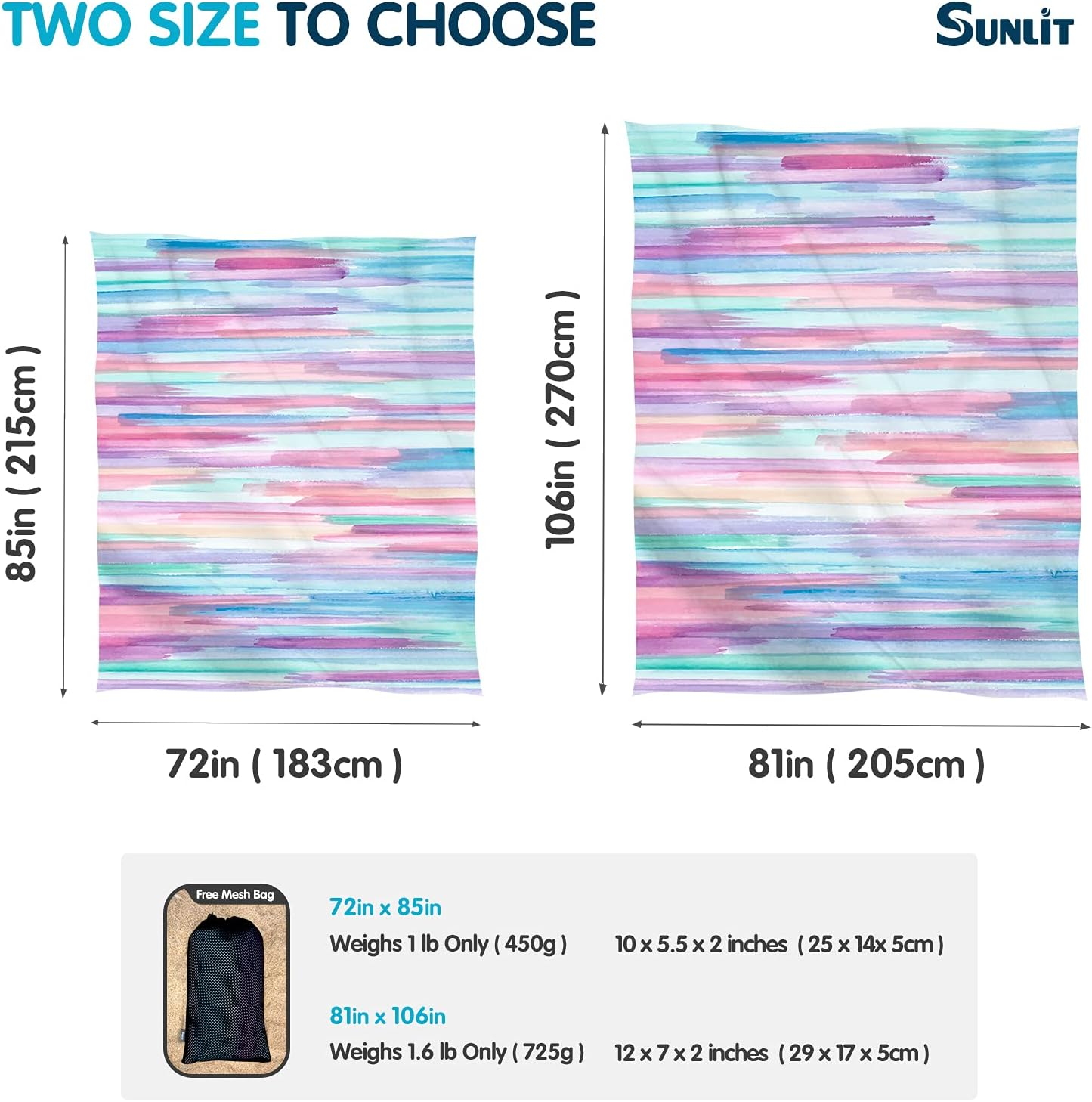 Sunlit Sand Proof Beach Blanket Sand Proof Mat with Corner Pockets and Mesh Bag 7' X 9' for Beach Party, Travel, Camping and Outdoor Music Festival, Watercolor Painting, Macaron Blue and Pink