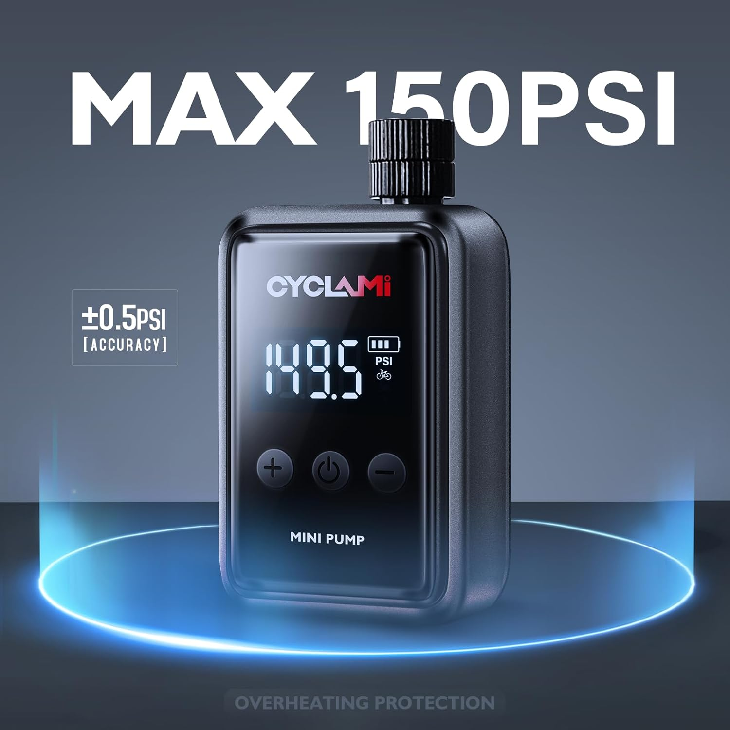 Electric Bike Pump, CYCLAMI Mini Bike Pump 150 PSI Electric Bicycle Air Pump with Digital Pressure Gauge Inflator Portable Air Compressor Presta/Schrader Valve image number 2