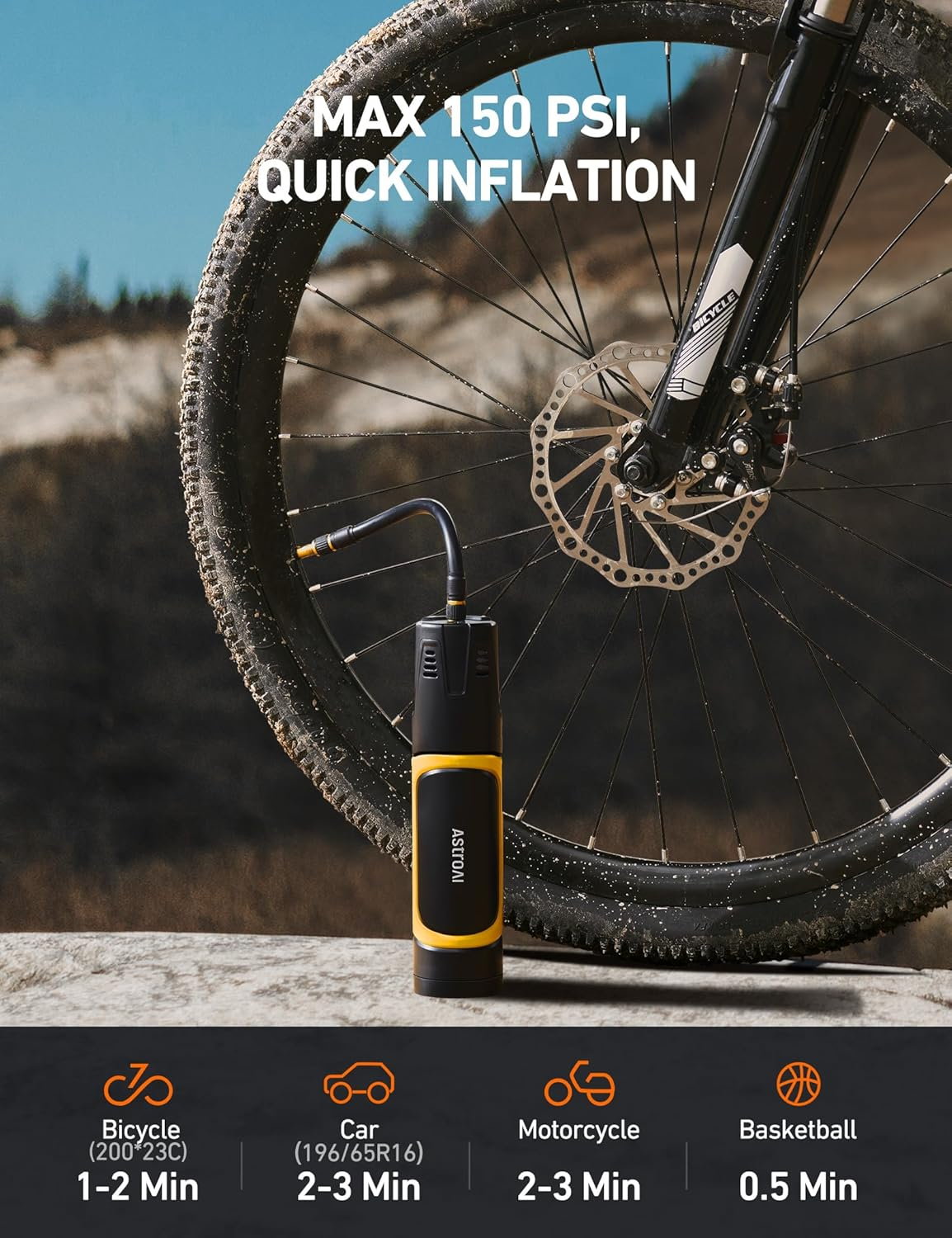 Astroai Portable Electric Bike Pump 150 PSI, Multifunction Tyre Inflator Air Compressor with Digital Pressure Gauge/Ledlight/Powerbank, 4500Mah Rechargeable Tyre Pump for Bike, Motorbike, Car, Ball image number 4