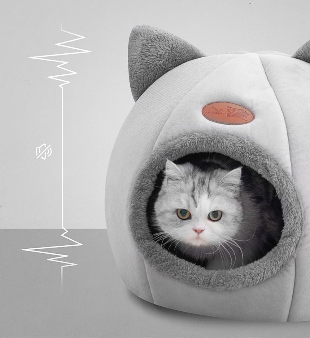 Cat Bed Cave with Dome Shape - Soft Plush Premium Cotton No Deformation Cave, Lightweight Portable Bed, House for Indoor Kitten and Small Dog, Grey(L)