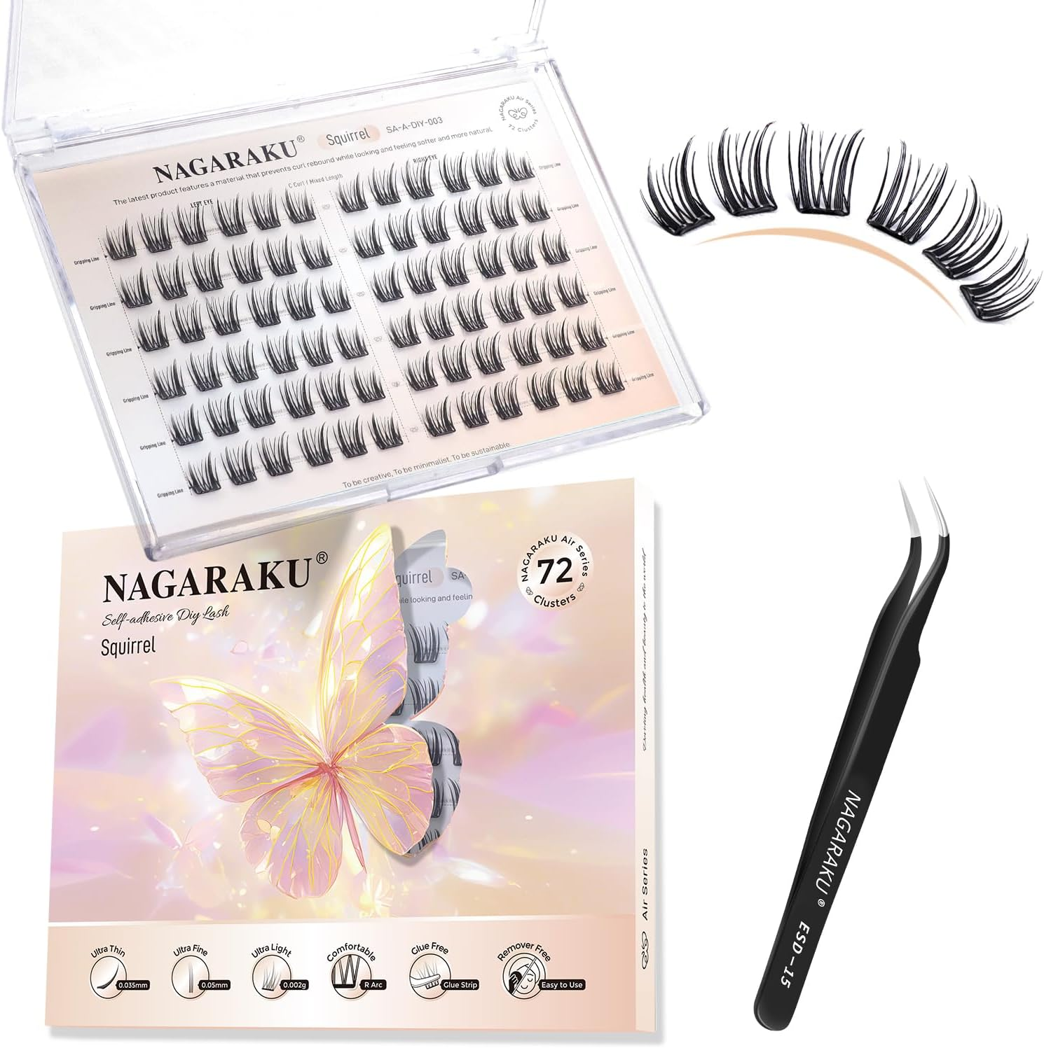 NAGARAKU Pre Glued Cluster Lashes Air Series Eyelashes Squirrel Style 72 Pcs No Glue Needed Pre-Bond Eyelashes Self Adhesive DIY Lashes（0.07Mm C Curl Mix Length) image number 5