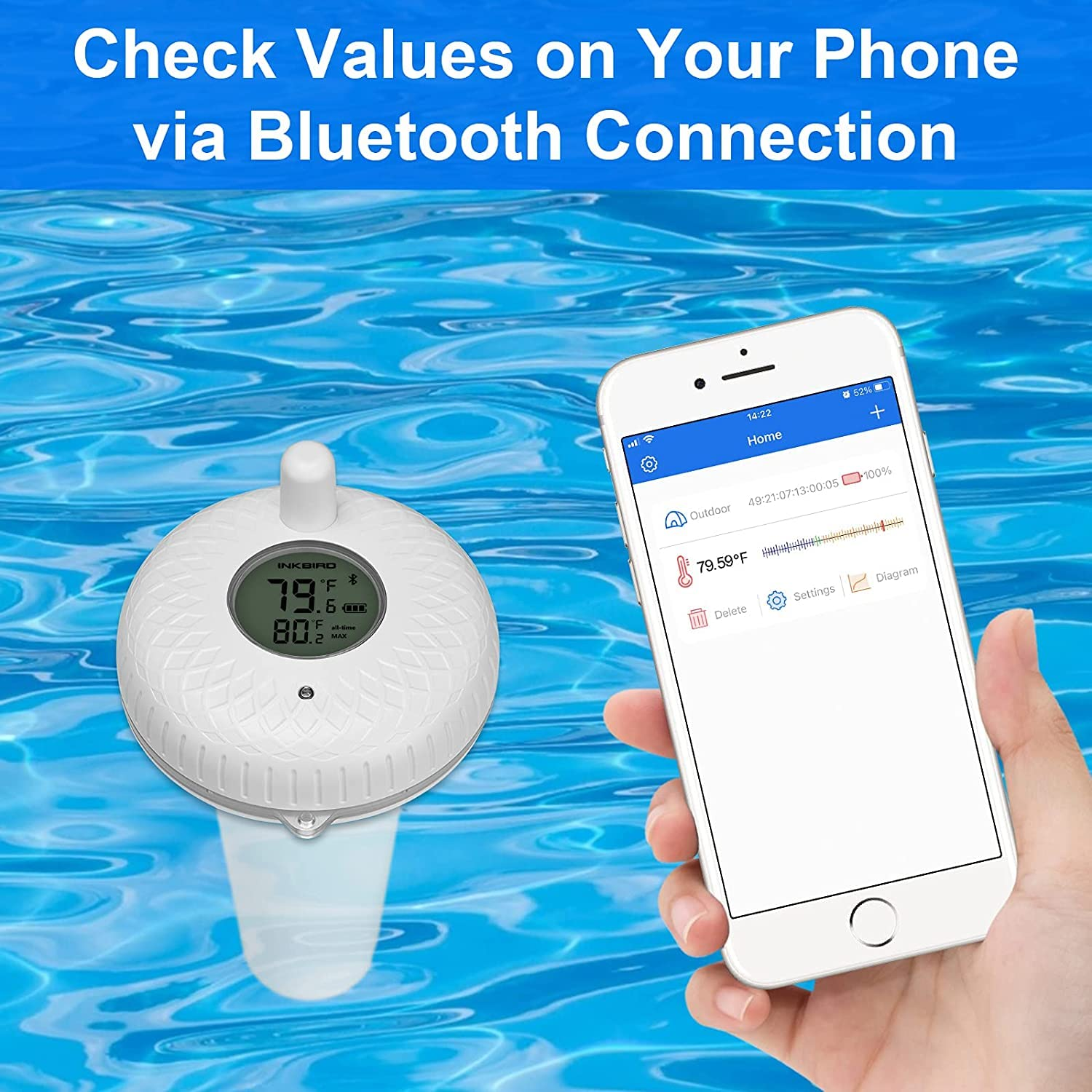 INKBIRD Bluetooth Pool Thermometer Floating IBS-P01B Easy Read Remote Pool Thermometer Temperature Meter for Outdoor Indoor Swimming Pools, Spas, Bath Water, Hot Tubs and Ponds