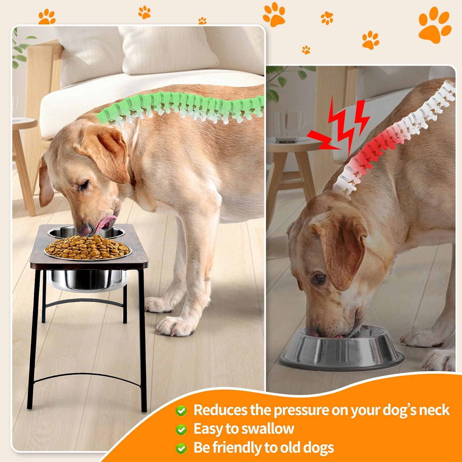 Elevated Dog Bowls for Medium and Large Dogs Wood Raised Bowl Stand with Two 1700ML (58Oz) Stainless Steel Dog Food and Water Bowls,Non-Slip image number 3