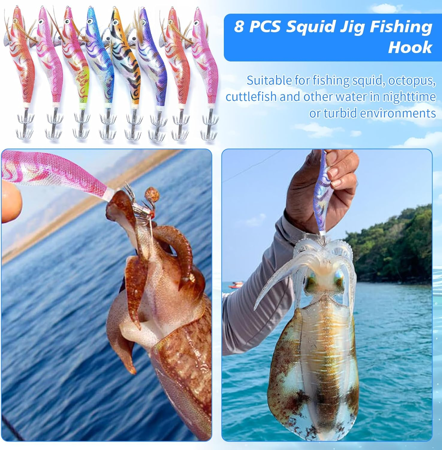 8 PCS Squid Jig Fishing Hook, Fishing Spinner Lures Kit, Shrimp Artificial Lures, Luminous Shrimp Squid Jig Hooks, Hard Fishing Lures, Octopus & Cuttlefish Fishing Hook Tackle for Anglers
