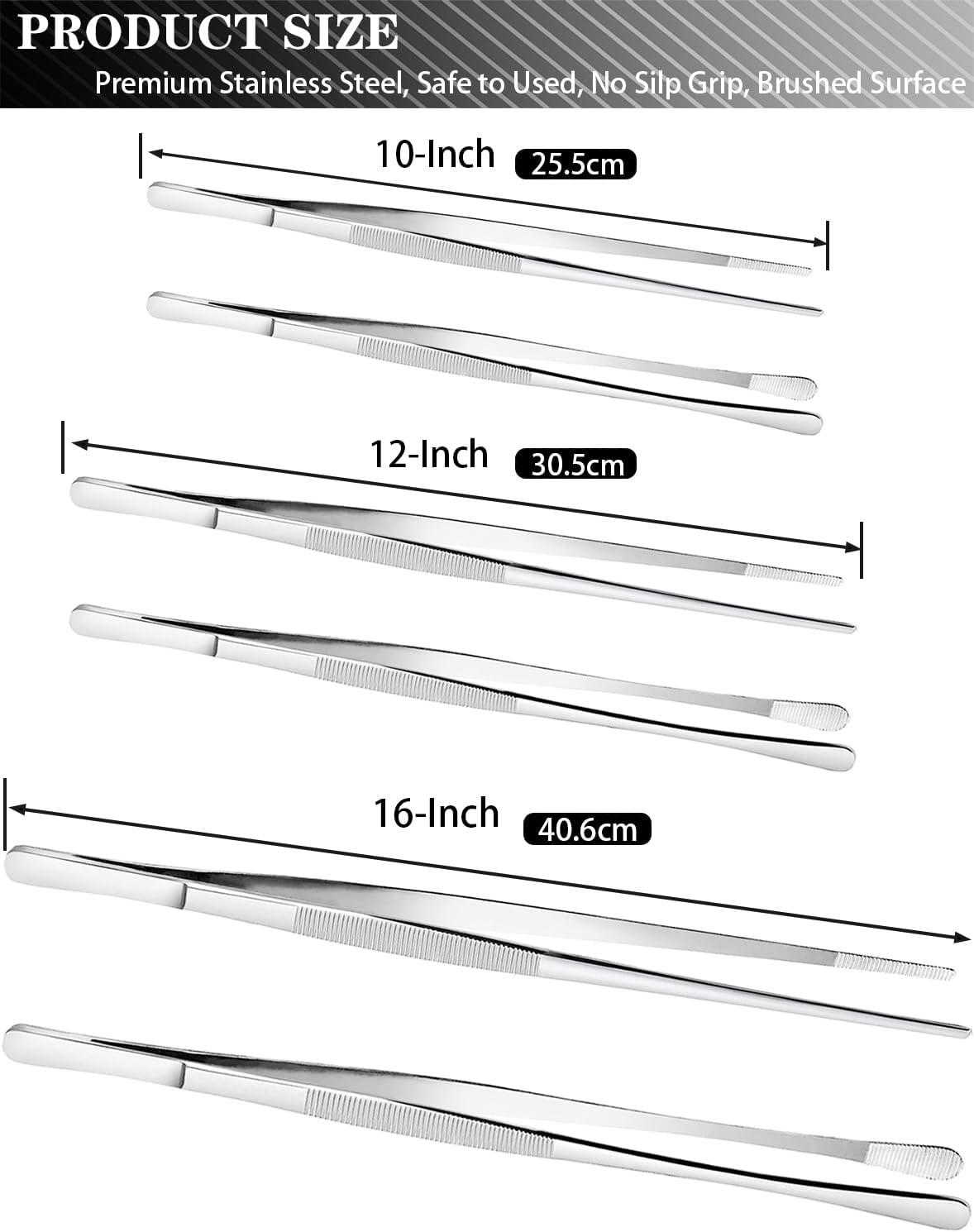 JETKONG 4 Pcs Kitchen Tweezers Tongs Stainless Steel Cooking Tweezers Set, Professional Kitchen Long Tweezer for Cooking, Repairing, and BBQ (10+12-Inch, Silver) image number 3