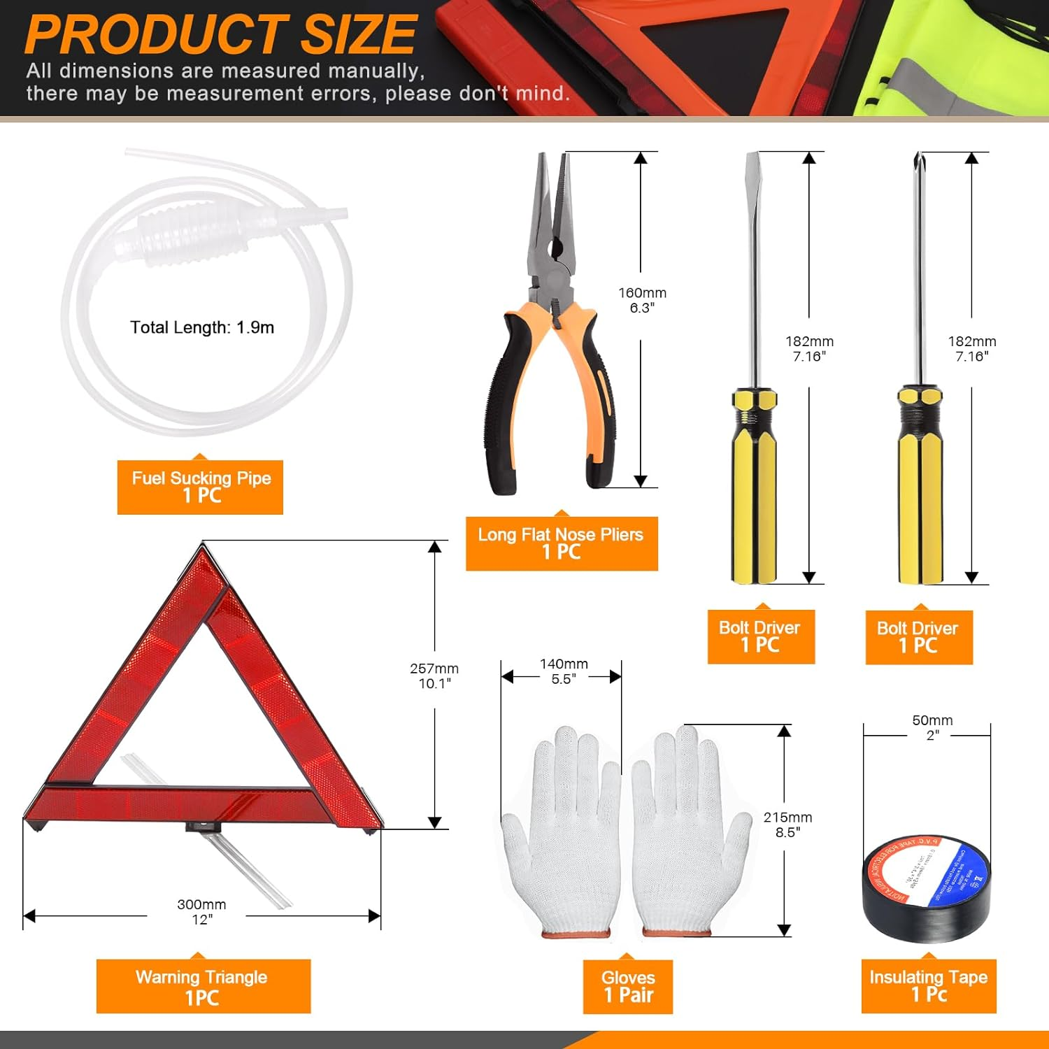 13Pcs Car Emergency Kit Auto Safety Roadside Assistance Tool Kit with Reflective Triangles, Hand Pressing Flashlight, Reflective Vest, Tow Strap, Car Safety Hammer for Vehicles Car image number 4